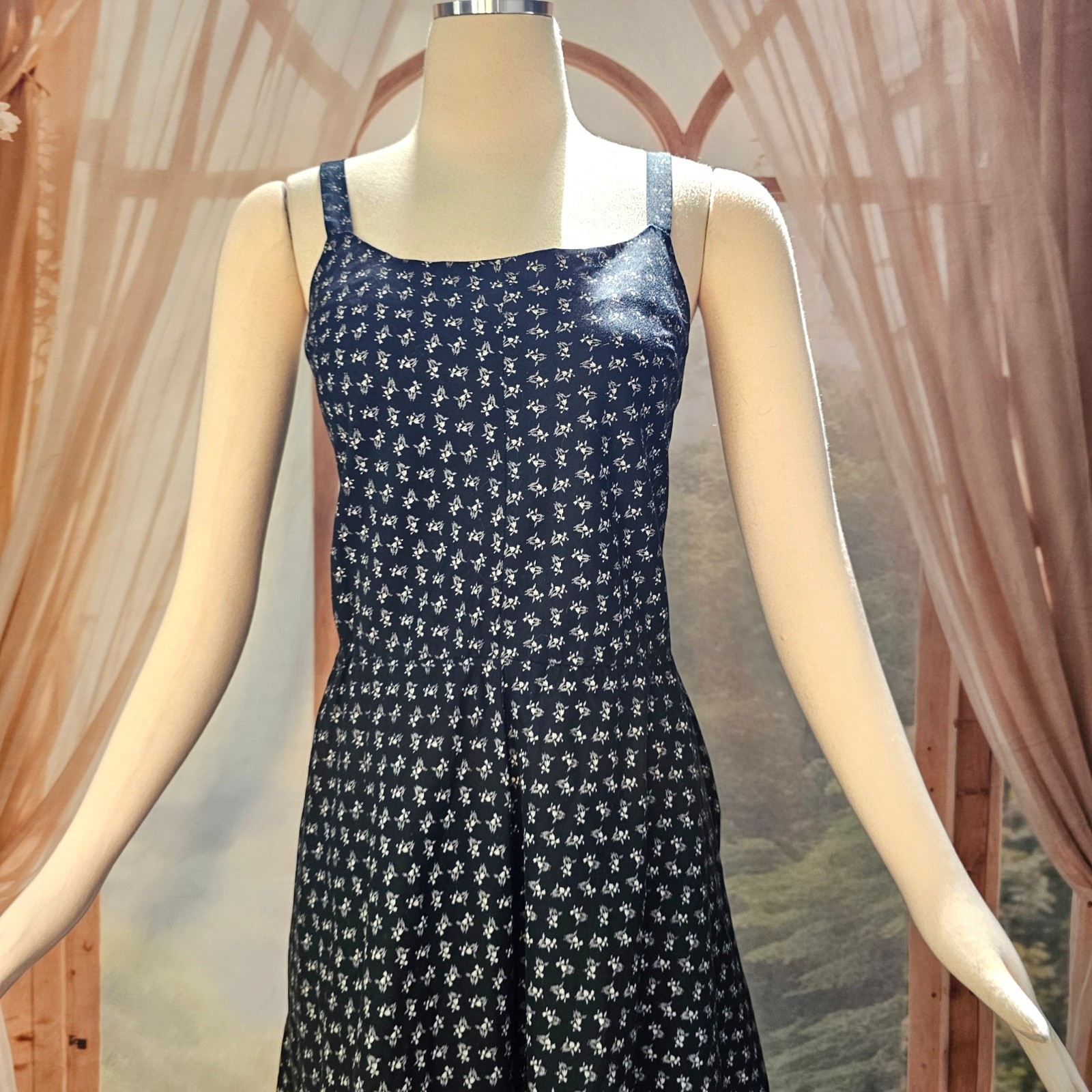 Vintage 1970s Dress Sundress Sleeveless Black White Calico Floral Print Boho