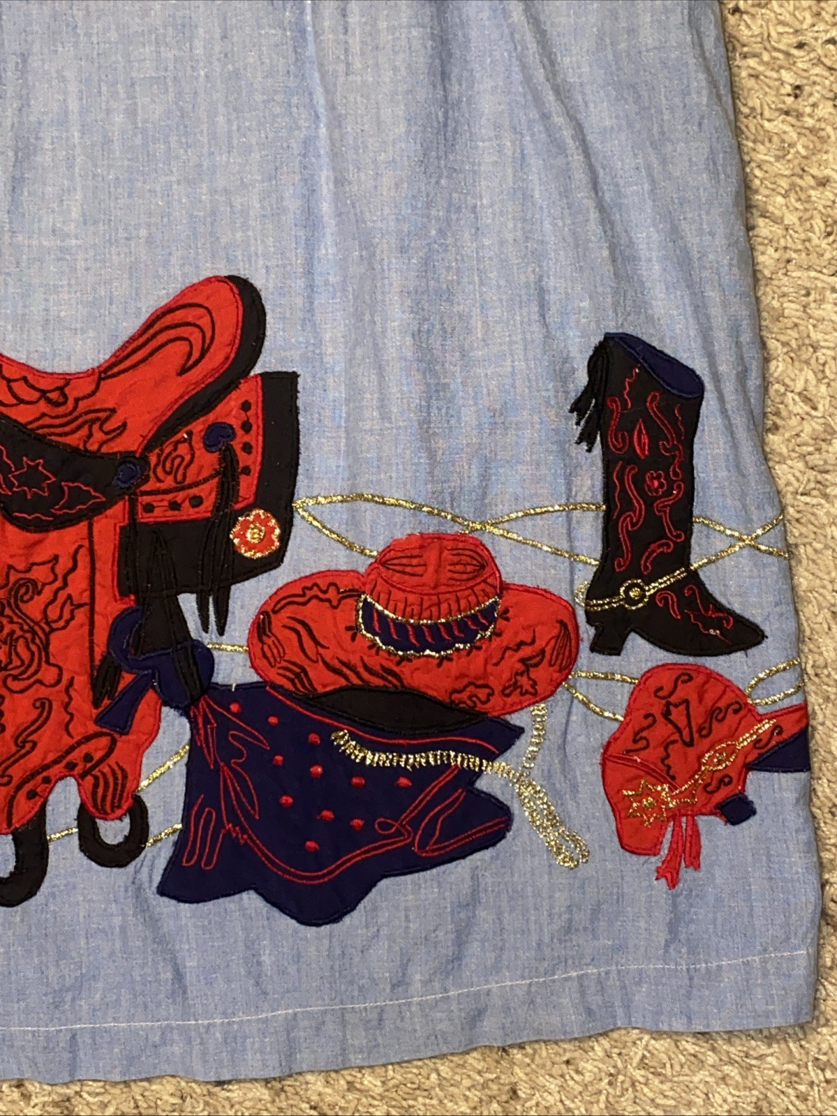 Women’s Vintage 90s Blue Western Cowgirl Embroidered Dress Size Lg Red Hat Boots