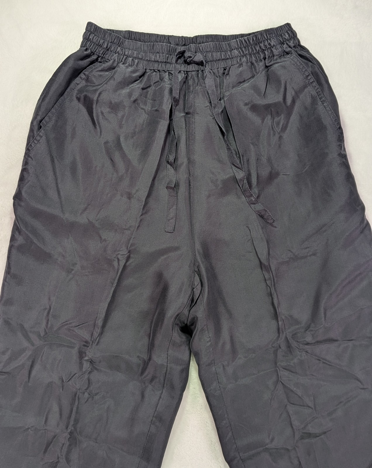 Vintage 80s Black Silk Track Pants Womens Size S Straight Leg Lined Pockets