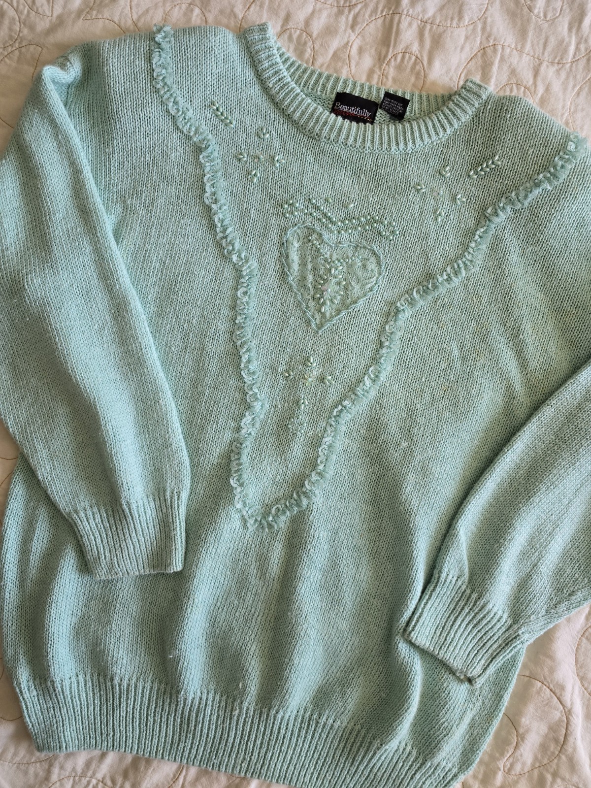 Vintage 80s Mint Green Beaded Heart Sweater Womens Med Cottagecore Grandmacore