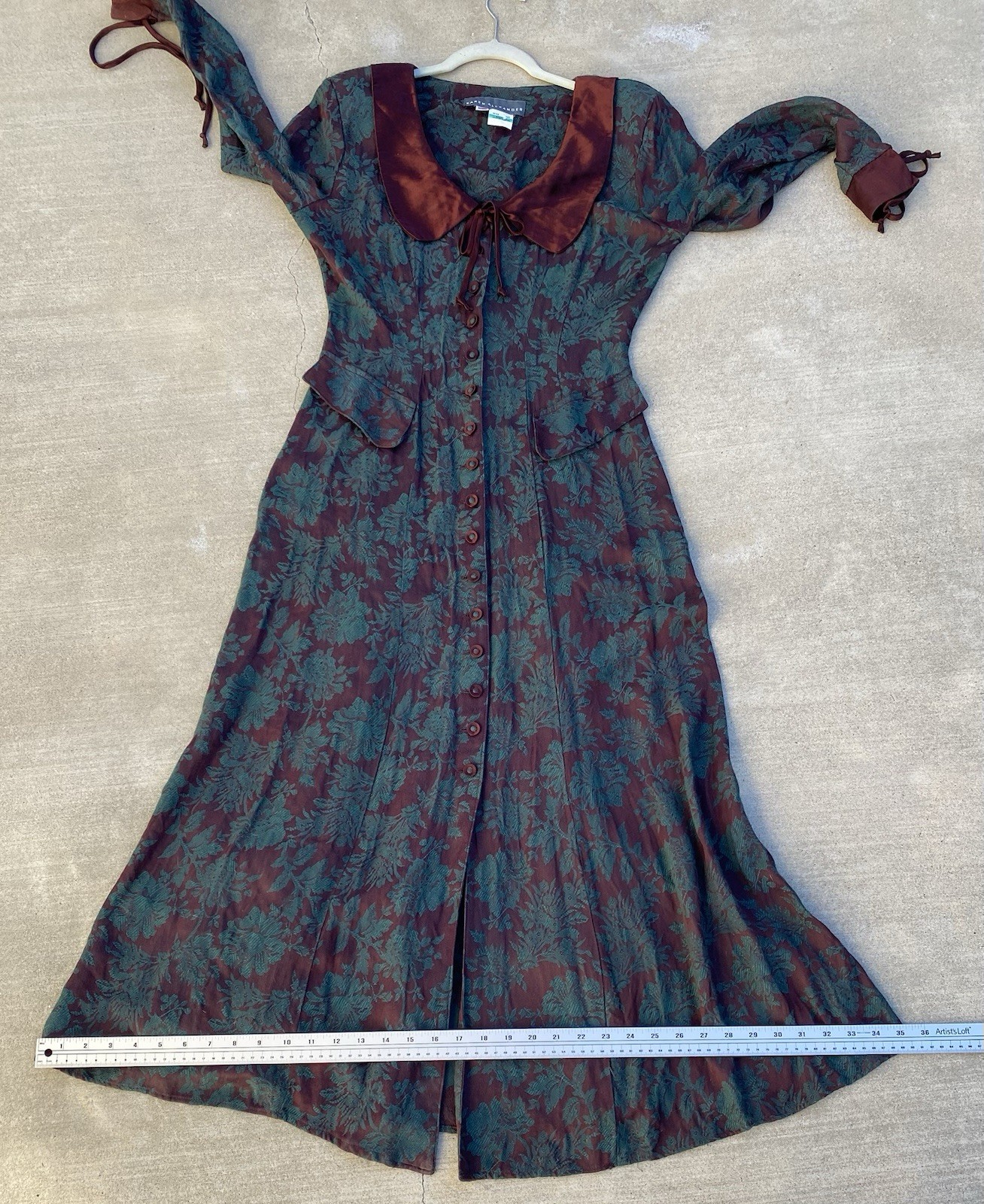 Vintage 80s 90s Karen Alexander Floral Jacquard Maxi Dress Burgundy Green USA 8
