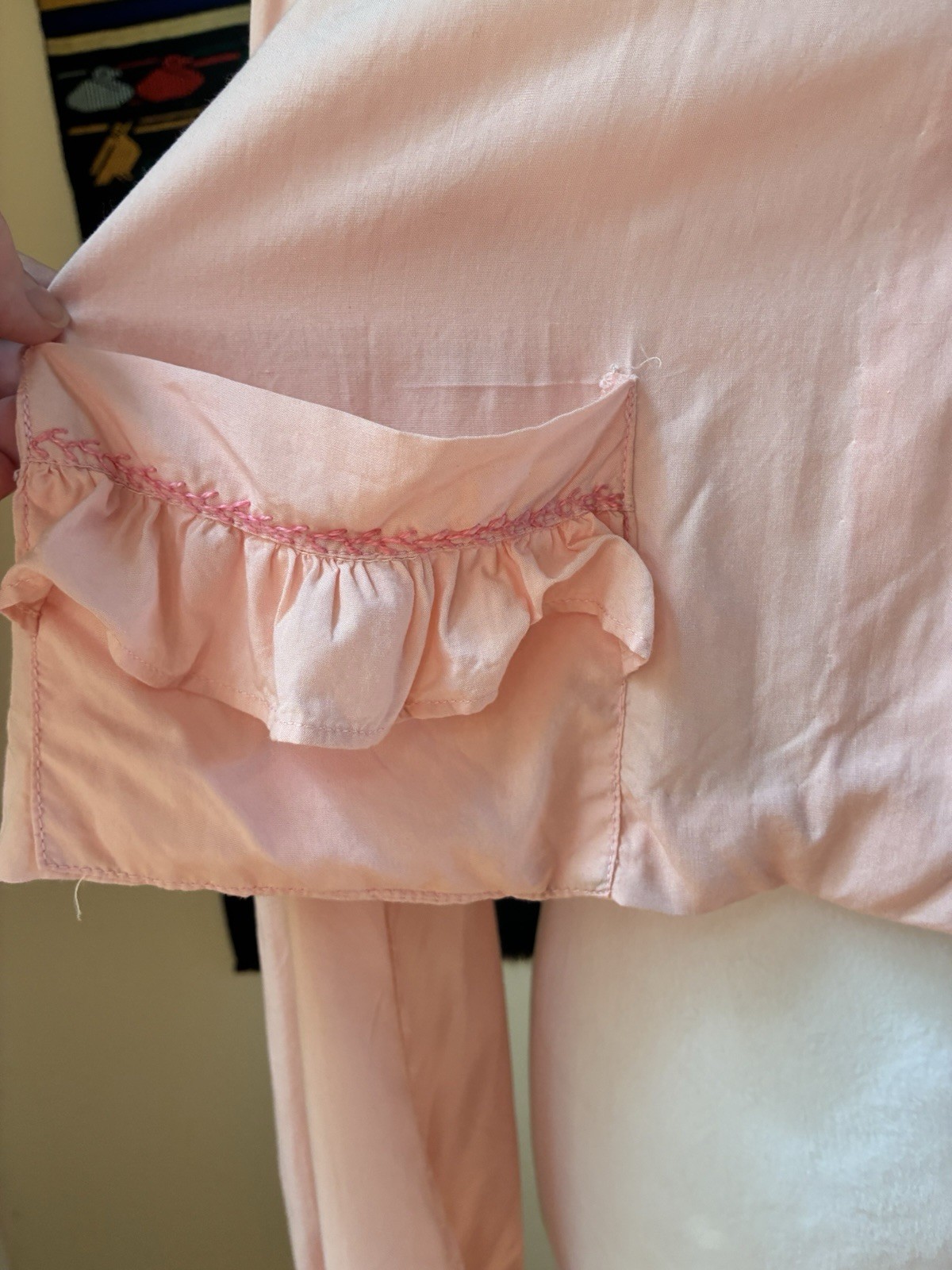 Vintage 40s/50s Handmade Pink Bed Jacket w Ruffle Collar & Embroidery