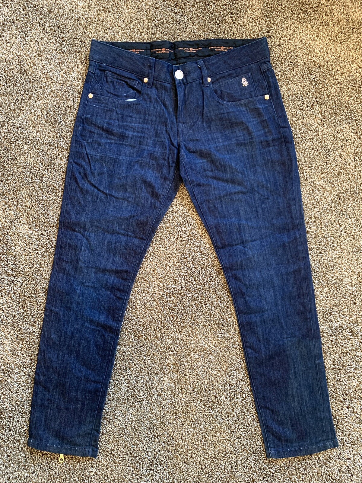 VTG Y2K Christian Audigier JEANS TAPER CROP ZIP LEG Low Rise DARK WASH 29X26