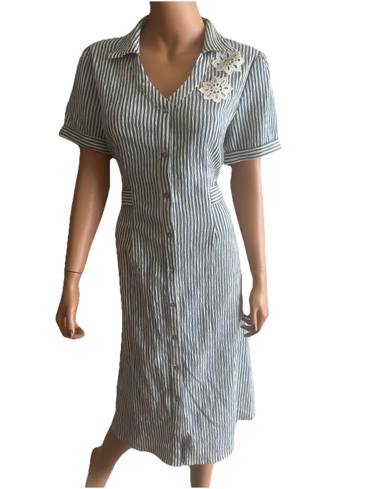 Vintage 80s 90s Seersucker Midi Dress Striped Uniform Style Crochet Lace Med