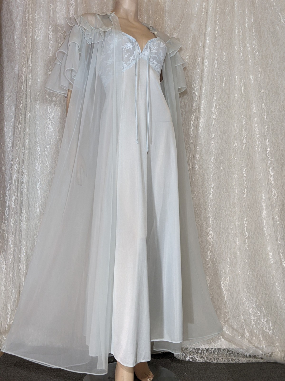 VTG LUXITE Sheer Chiffon Ruffles Peignoir Robe Lingerie Nightgown Blended Set M