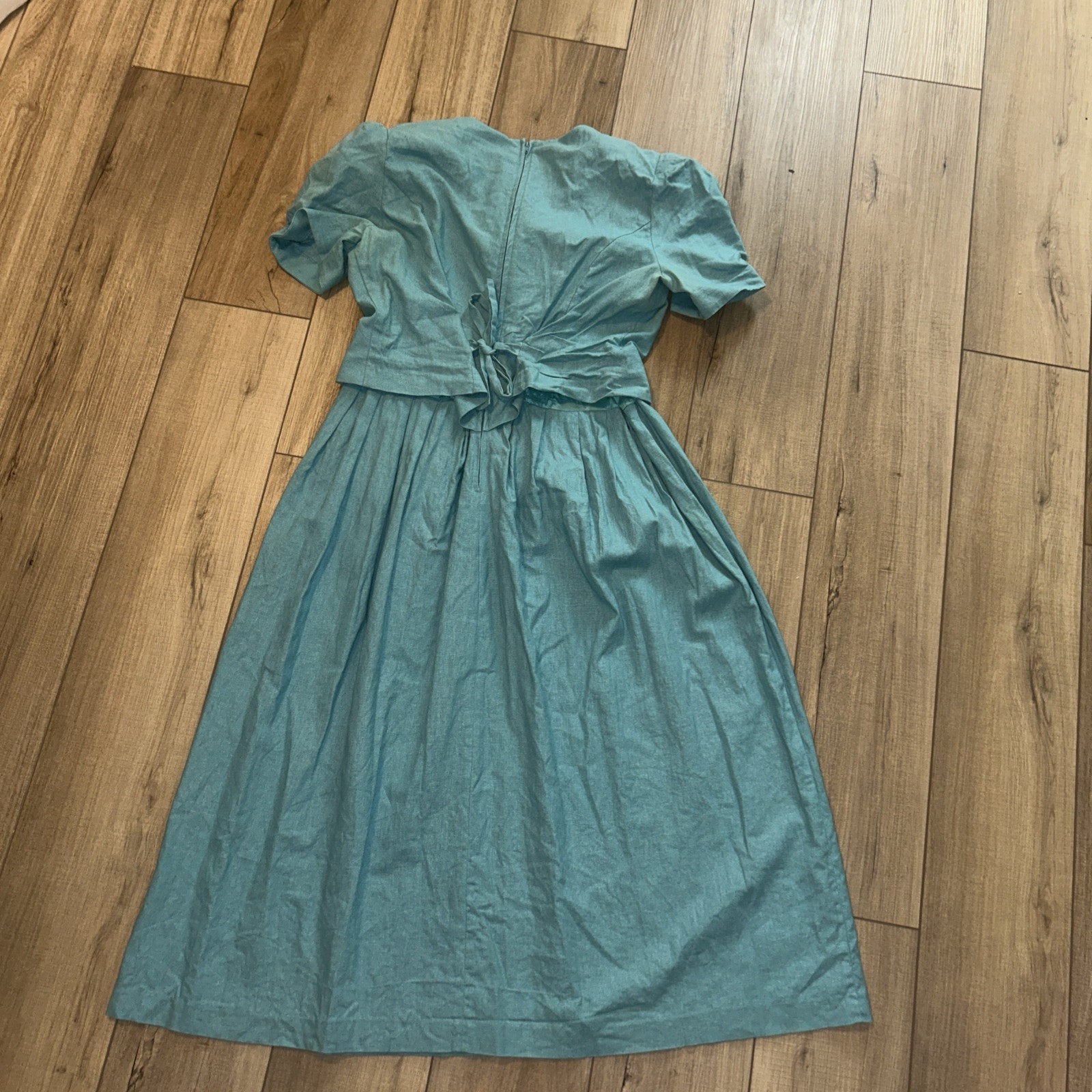 Vintage Linen Dress Prairie Cottage Country Embroidered Florals Teal 90’s 12(10)