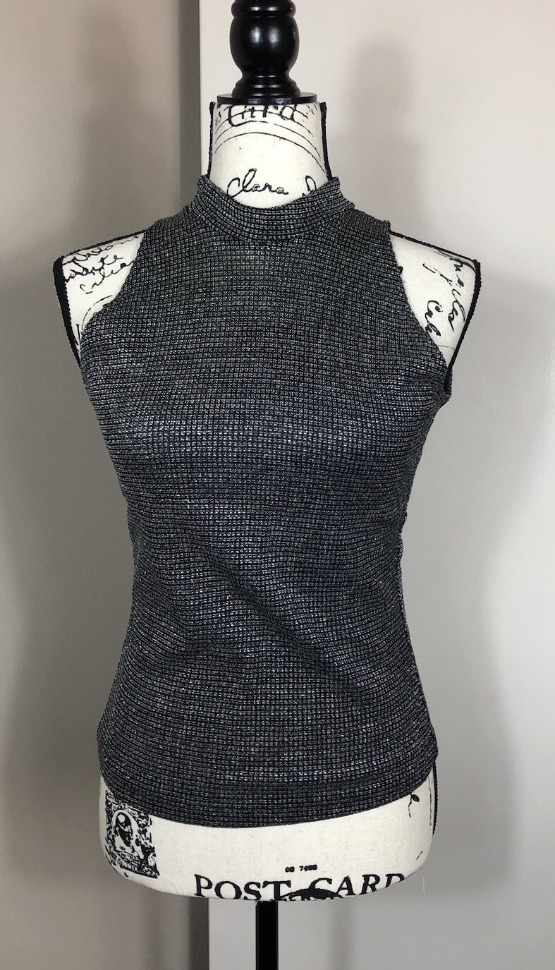 Vtg Vera Neumann Silver Metallic & Blk Cardi & Sleeveless Tank Set Sz S/M 4/6
