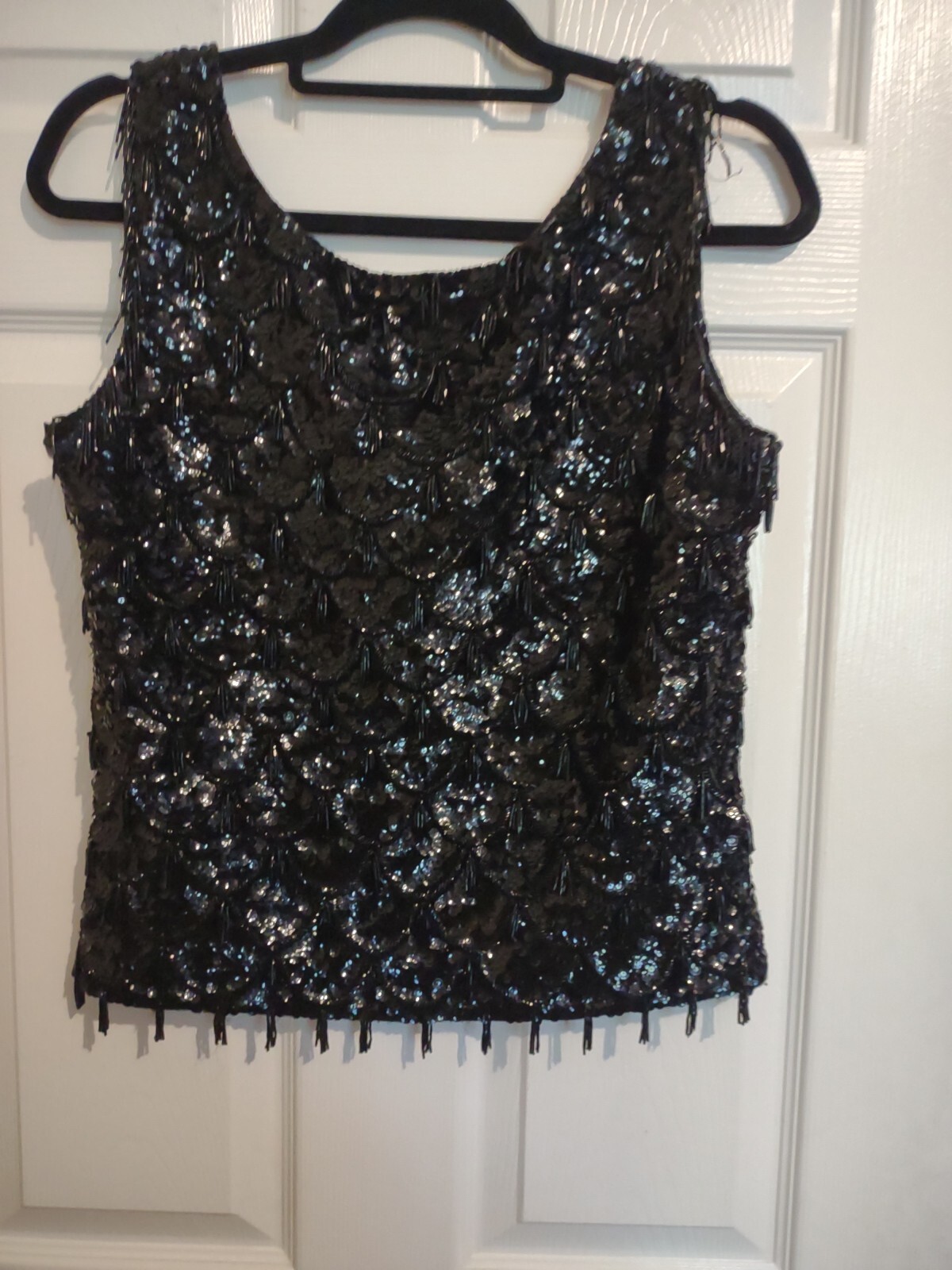 Vintage 1960s Beaded Go Go Fringe Cocktail Top Black Wool Sequins Beads Lined S