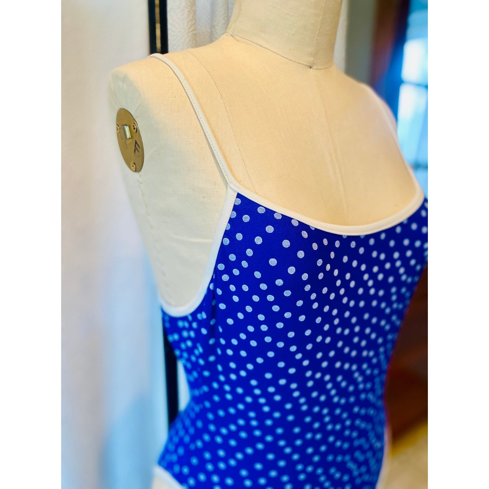 Vintage Polka Dot One Piece Swimsuit, Royal Blue, Size 7/8