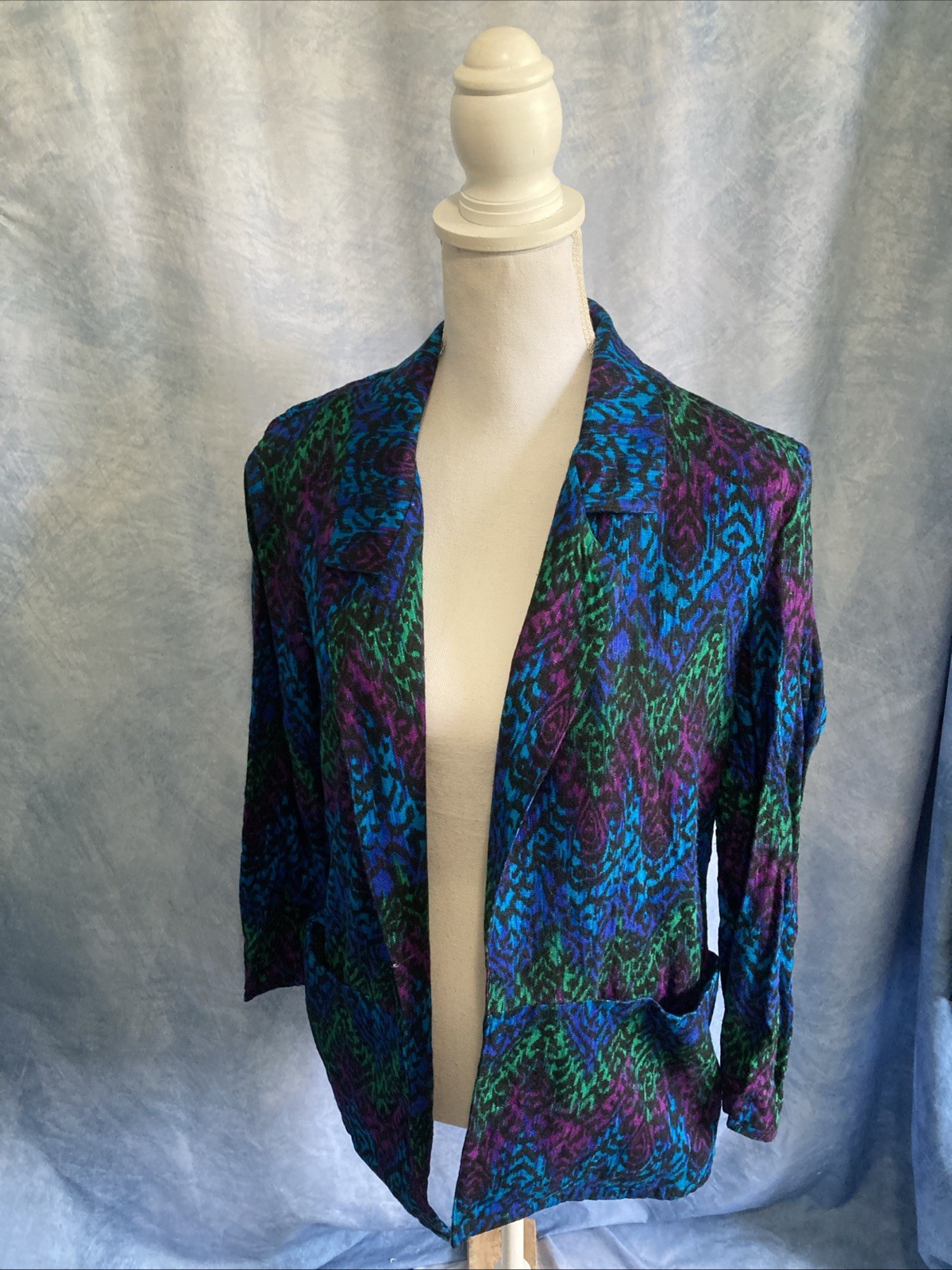 VTG 80s Casablanca Abstract Blazer Jacket Womens 6 Rayon Flax Blue Purple Green