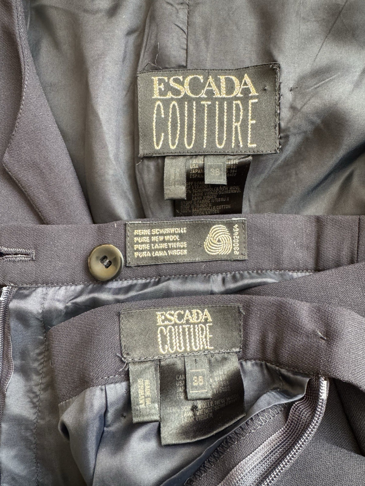 Vintage 90s Y2K Escada Couture Skirt Suit Set White Lace Trim Pearl Button 38