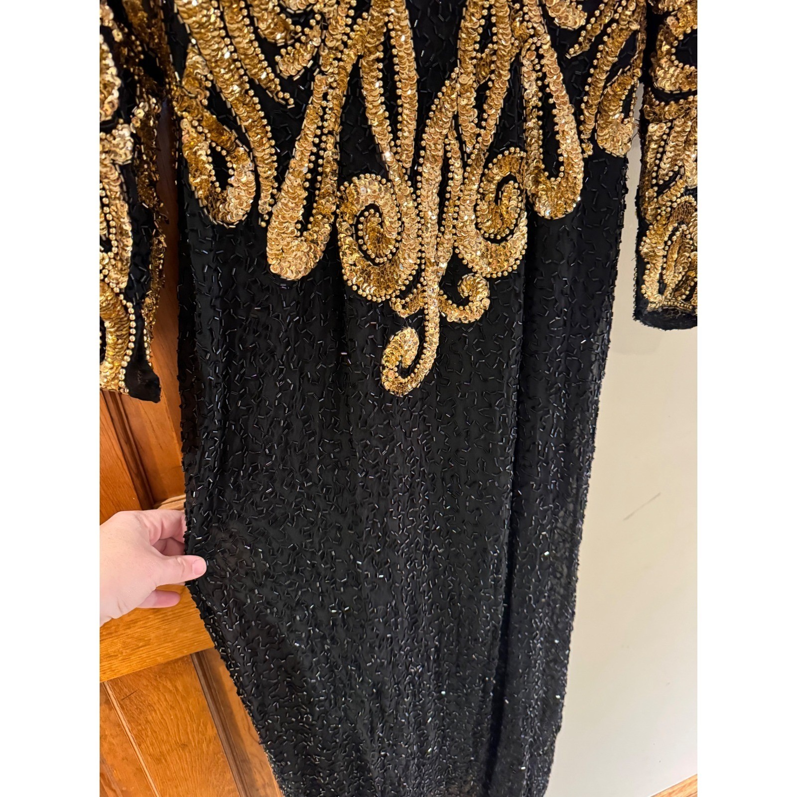 Niteline Della Roufogali Vintage Silk Beaded Sequin Gown Gold Black Maxi Dress 8