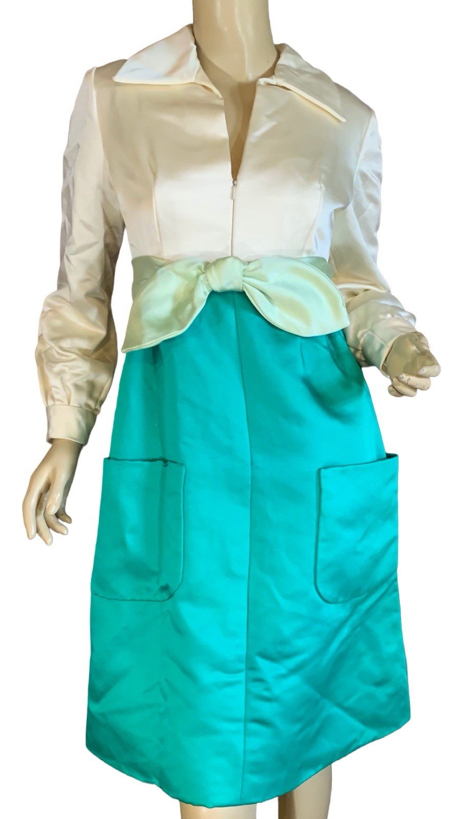 VINTAGE 1960’s GREEN & CREAM MOLLIE PARNES BOUTIQUE DRESS SZ APPX SM