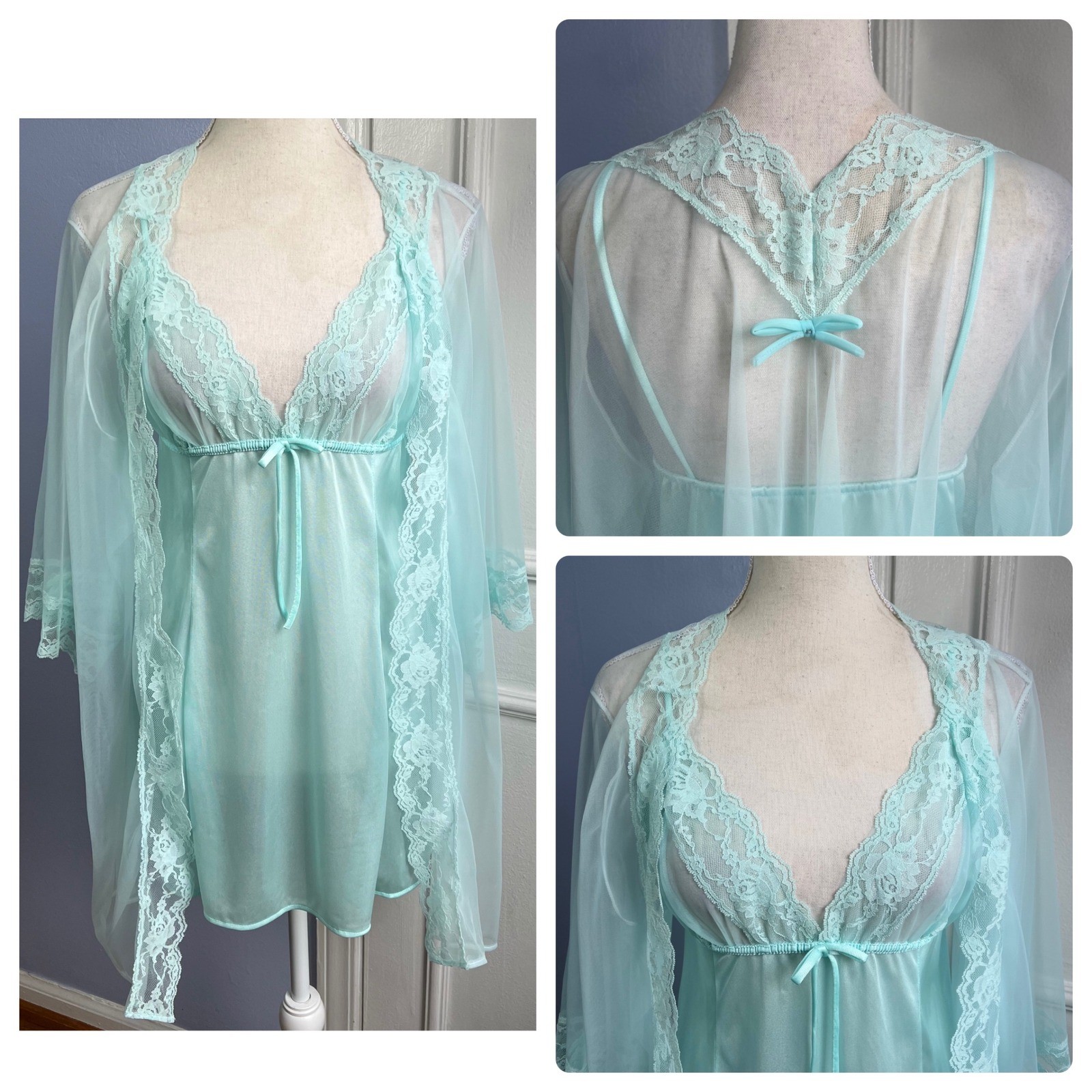 70s Vintage Pandora Lingerie Babydoll Robe Set Lace Mesh Aqua Blue Womens Small