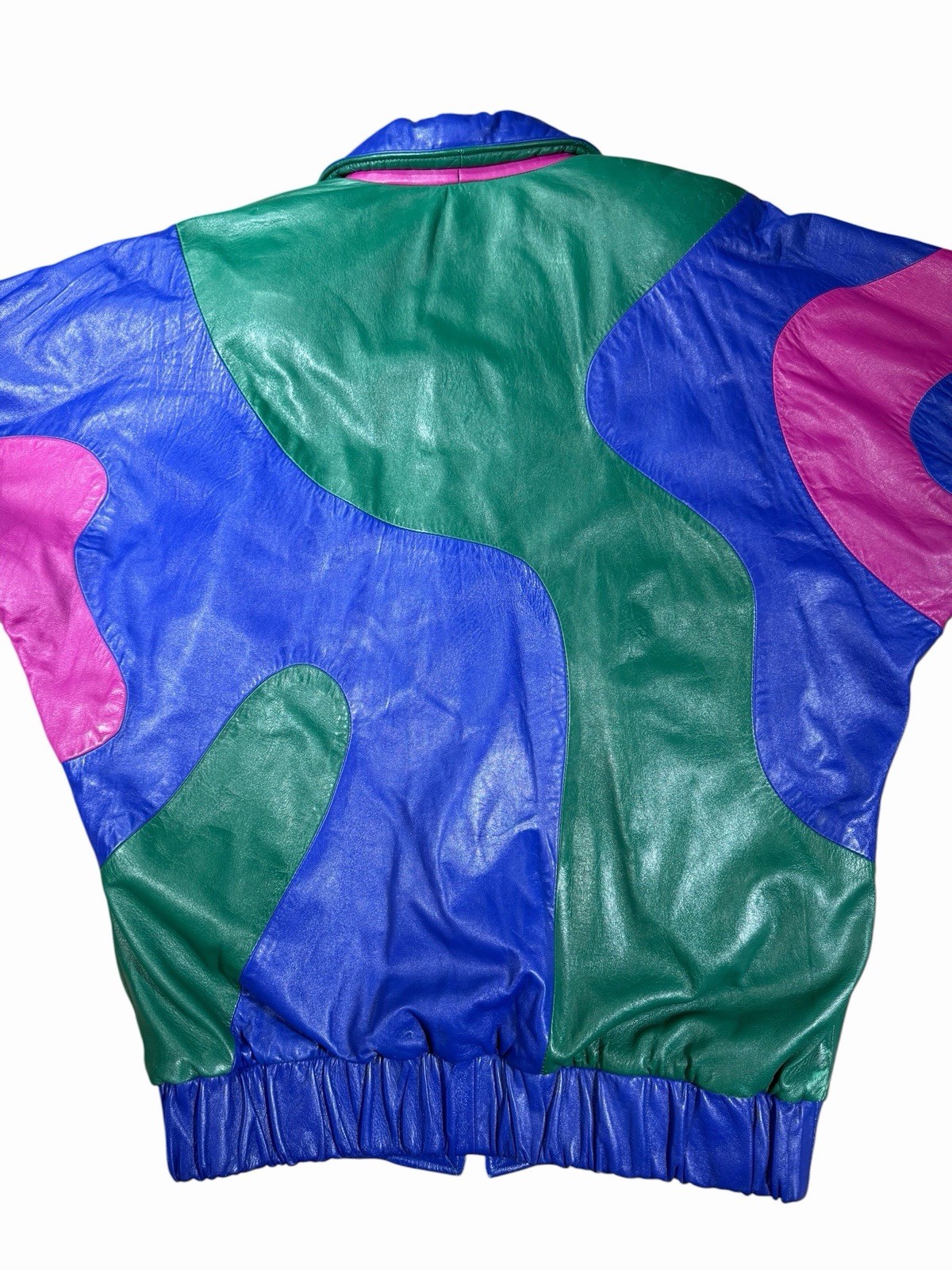 Vintage 80s Pano Sereti Color Block Leather Bomber Jacket Blue Green Pink Large