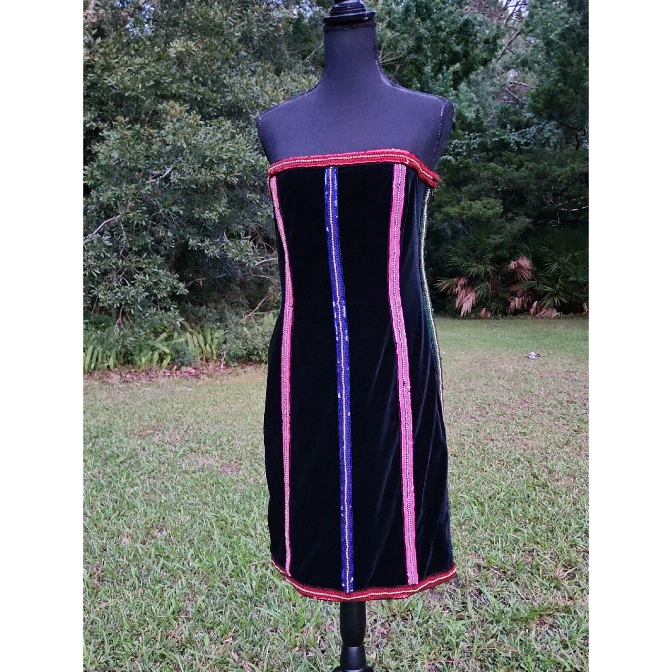 VTG Escada Black Velvet Strapless Dress with Pink Green Blue SEQUIN Gold BEAD M.