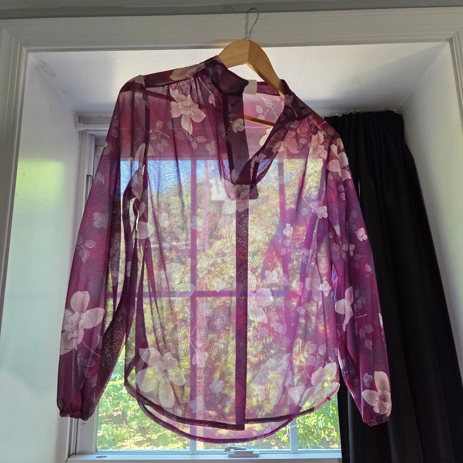 Vintage 60s Blouse Womens Medium Purple Floral Sheer High Neck Long Sleeve
