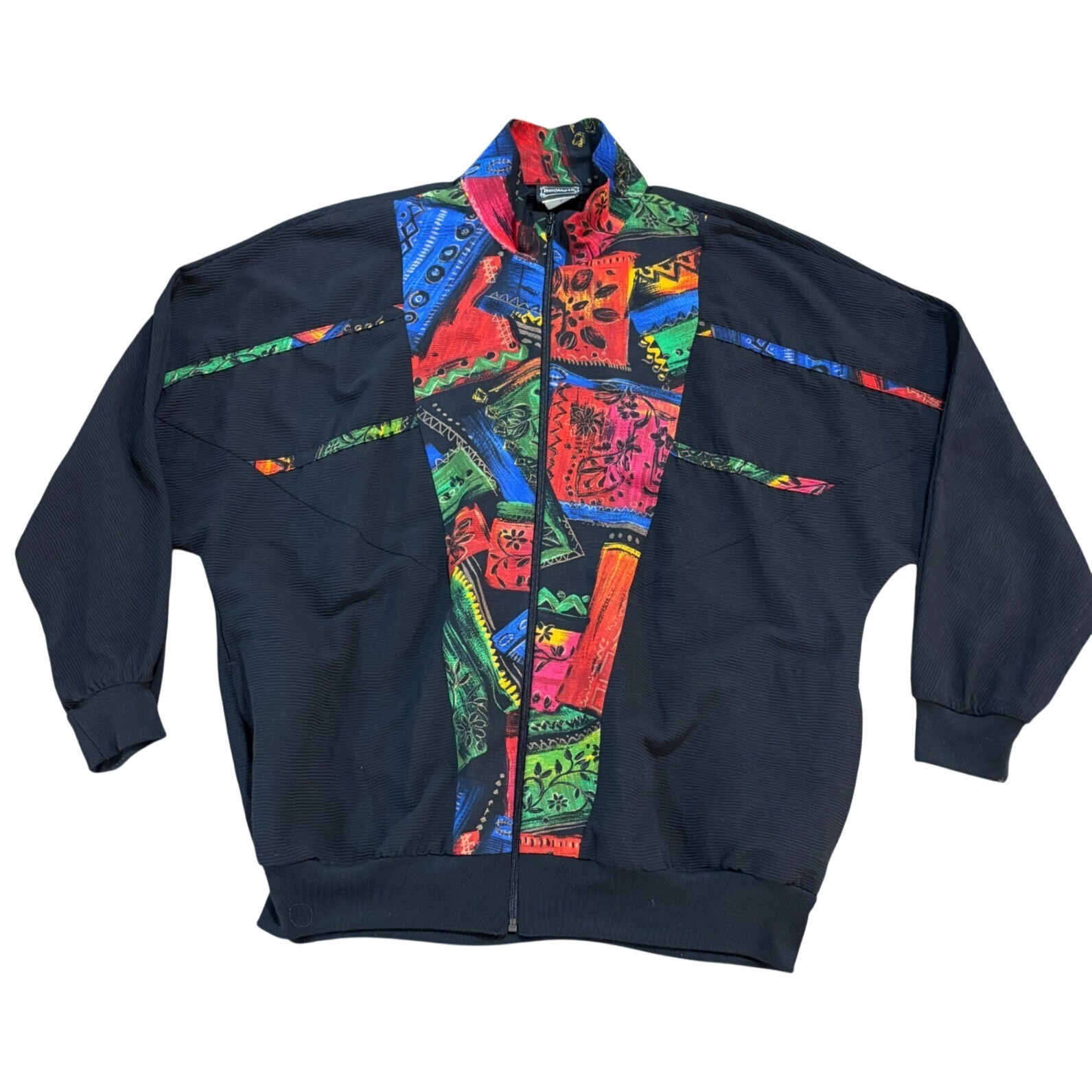 Vintage BonWorth Zip Up Jacket Black Abstract Multi Color Textured Knit USA M