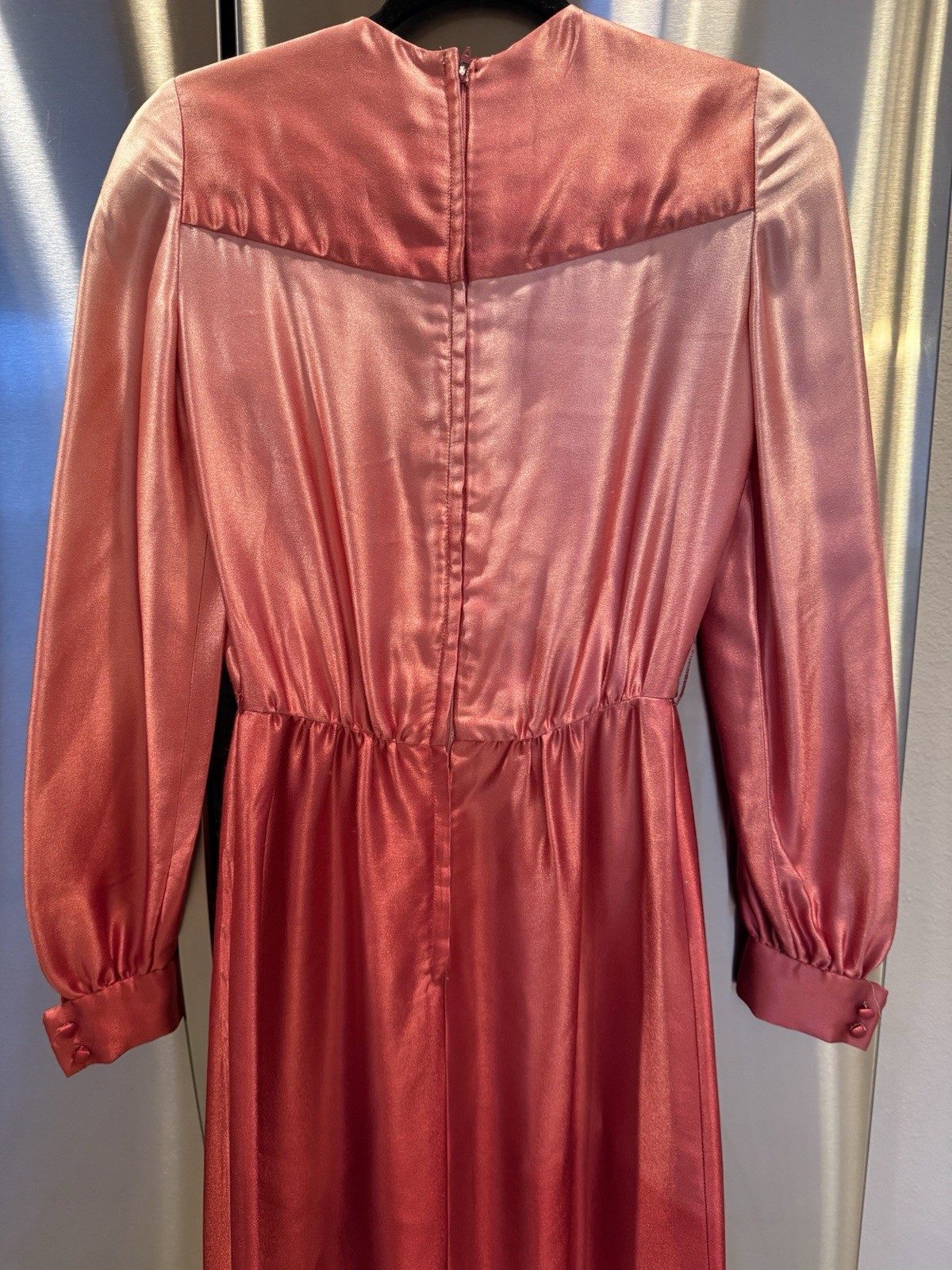 Vintage 70s Pat Sandler Ombre Pink Red Satin Dress Long Sleeve Midi Retro Small
