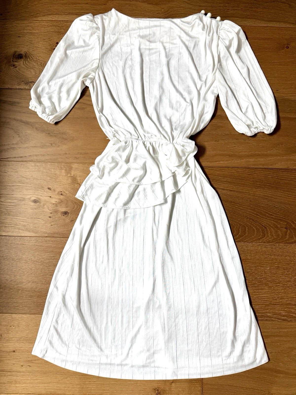 80s VTG Joni Blair Dress White Shimmer Pinstripe Peplum Puff Sleeve Shoulder Pad