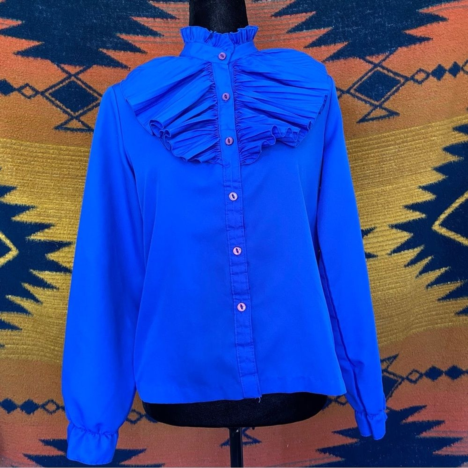 Vintage Shirley of Atlanta poly Royal Blue Ruffled button up blouse. USA. Med.