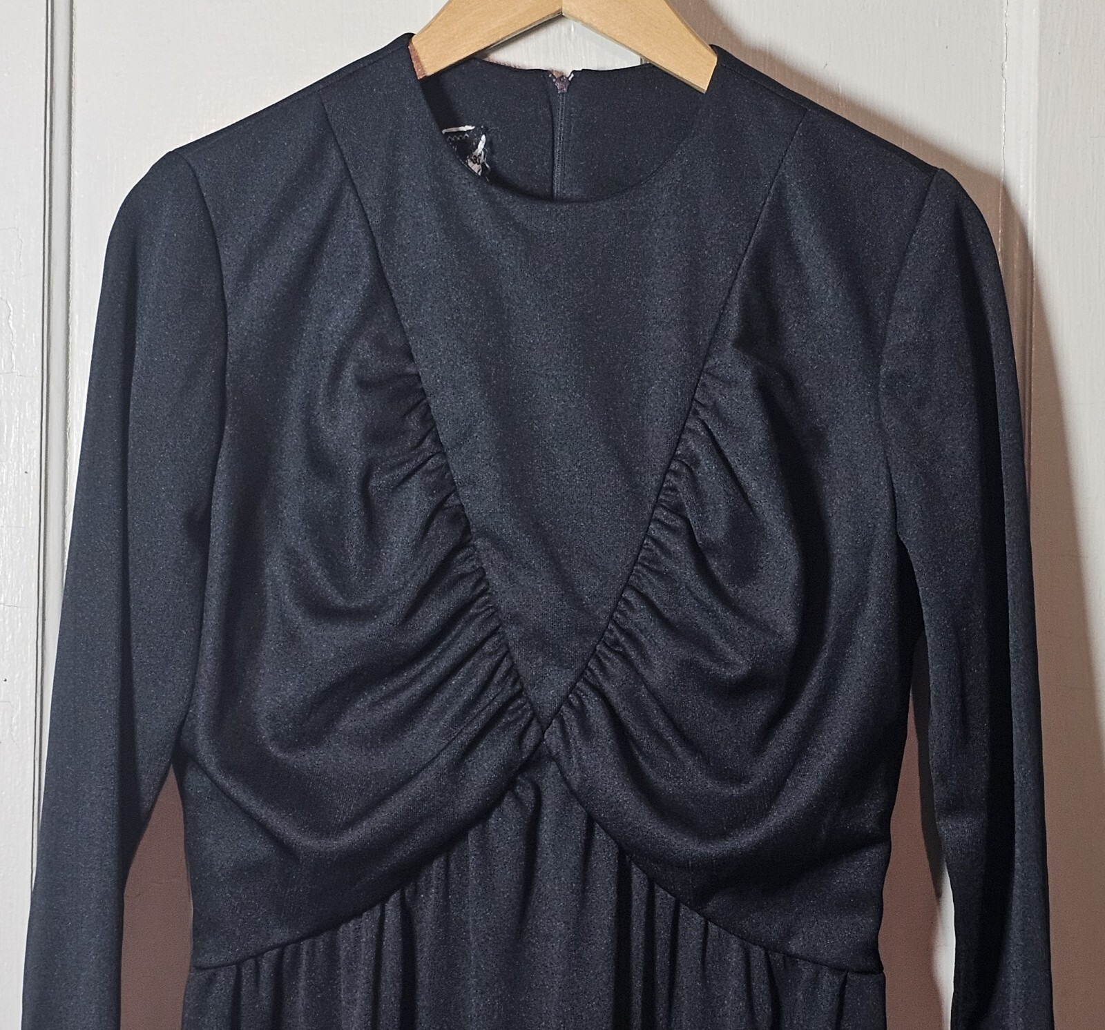 VTG WhimsyGoth 70’s Jerrie Lurie Maxi Dress Women 14 Black L/S Witchcore Pleated