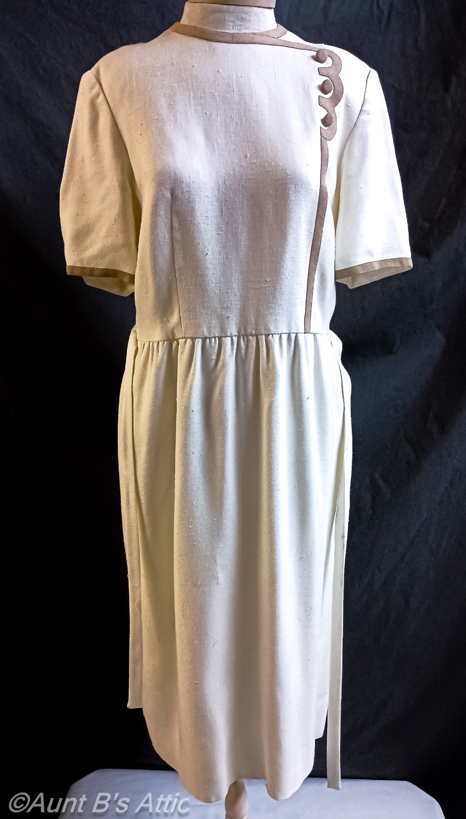 Vtg 70’s Posh By Jay Anderson Ivory Linen W/ Tan Ultra Suede Sheath Dress Medium