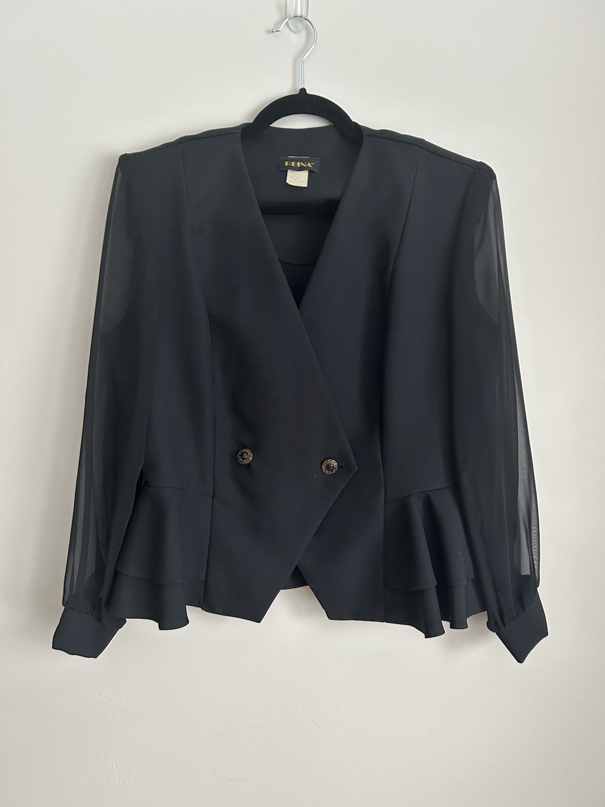 Vintage 90s Black Peplum Blazer Sheer Sleeve Minimalist Jacket