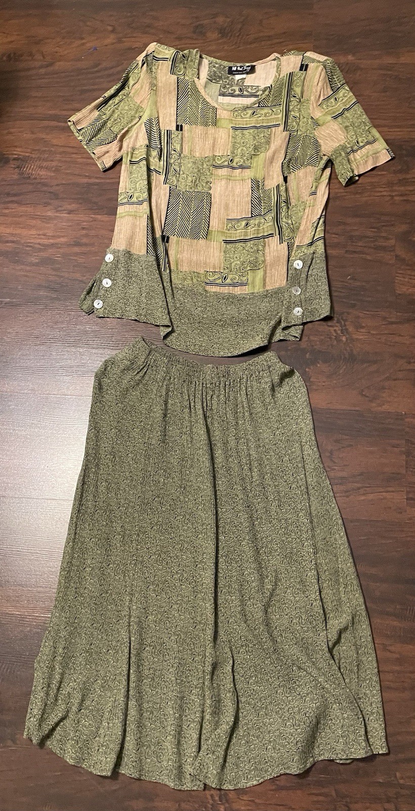 All That Jazz vintage 80s Blouse and skirt set Green brown Size XL