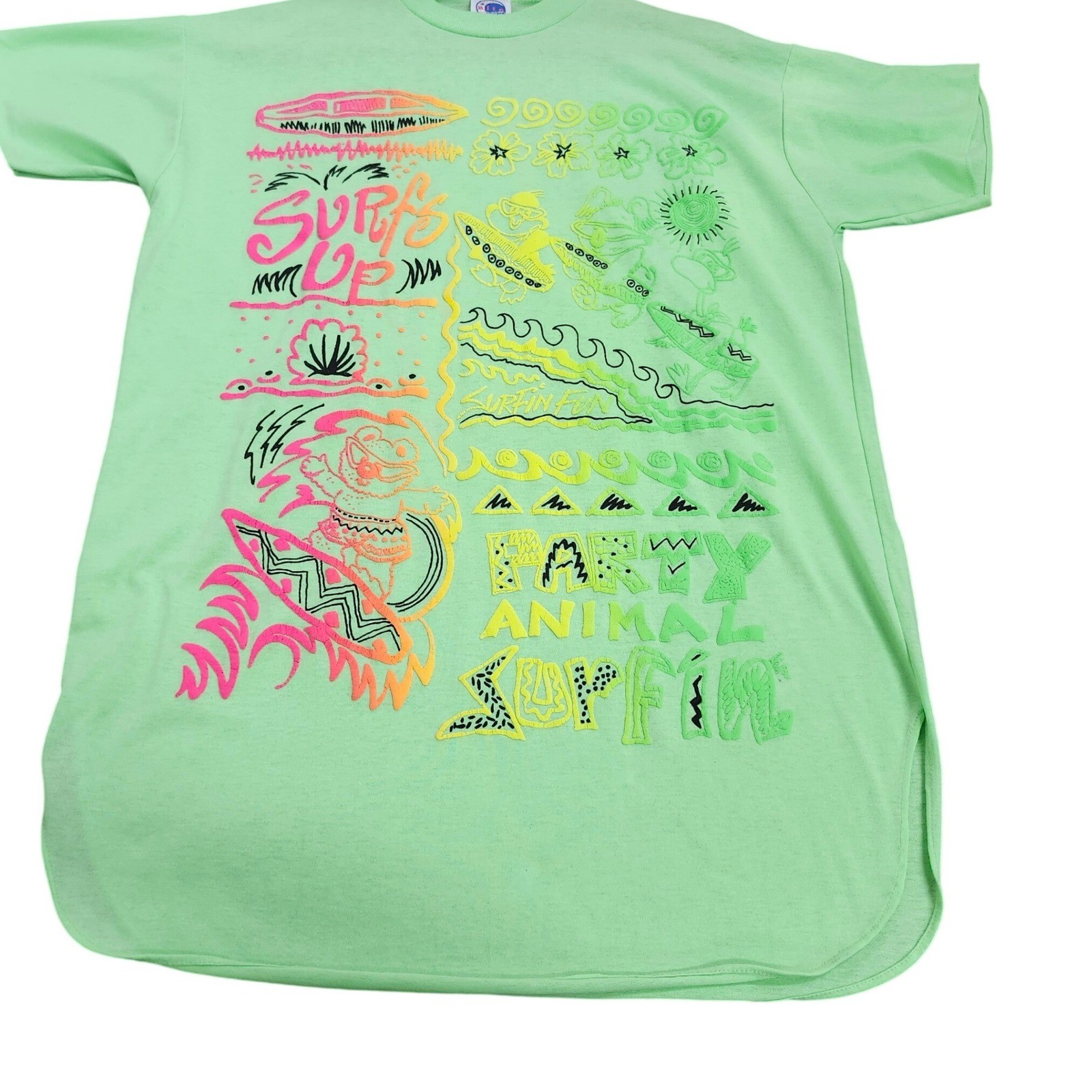 Vintage 90s Surf’s Up Neon Graphic T Shirt Fairly Animal Surfin Single Stitch