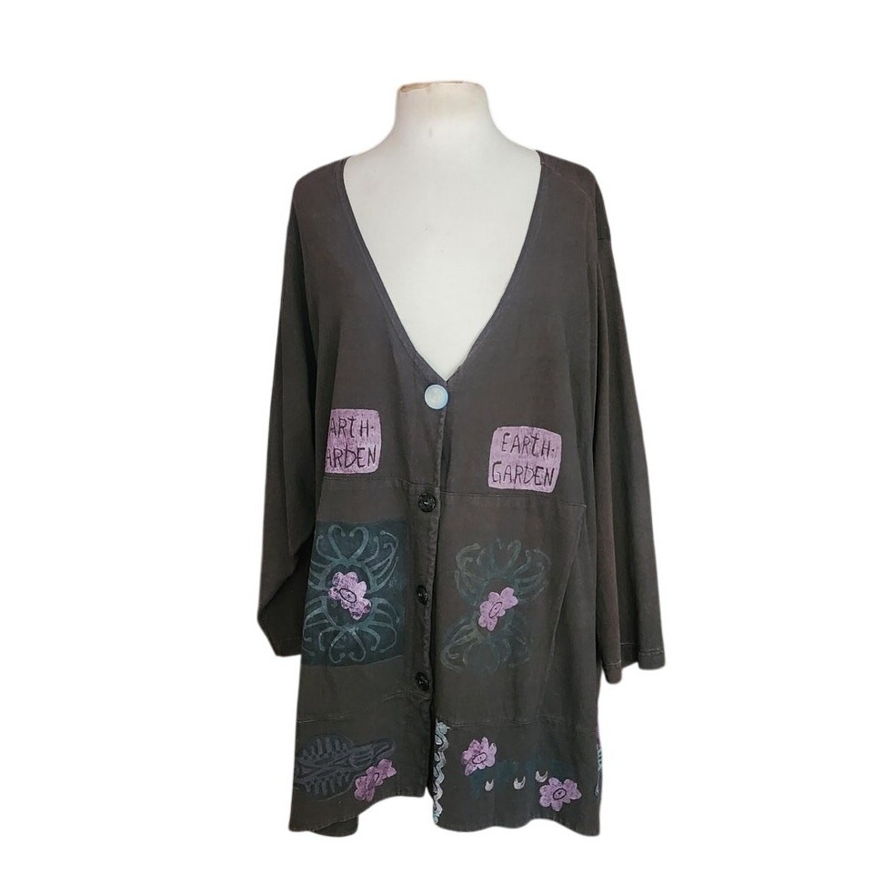 Vintage 90s Blue Fish Top Cardigan 1999 Earth Garden Gray Cotton Hand Painted
