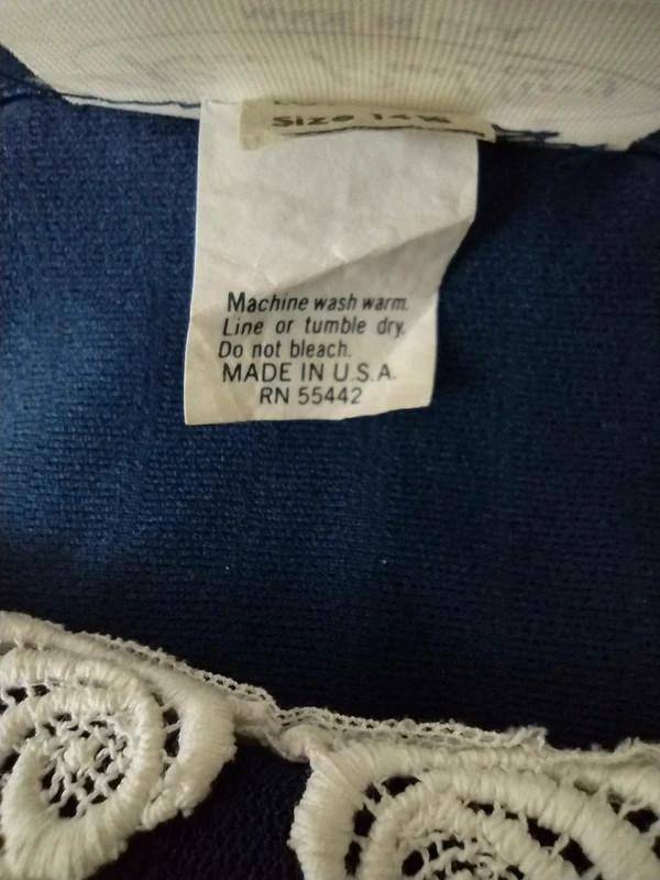 Rice Pudding Ltd Vintage 70s 80s Lace Collar Dress Navy Blue Striped Made in USA