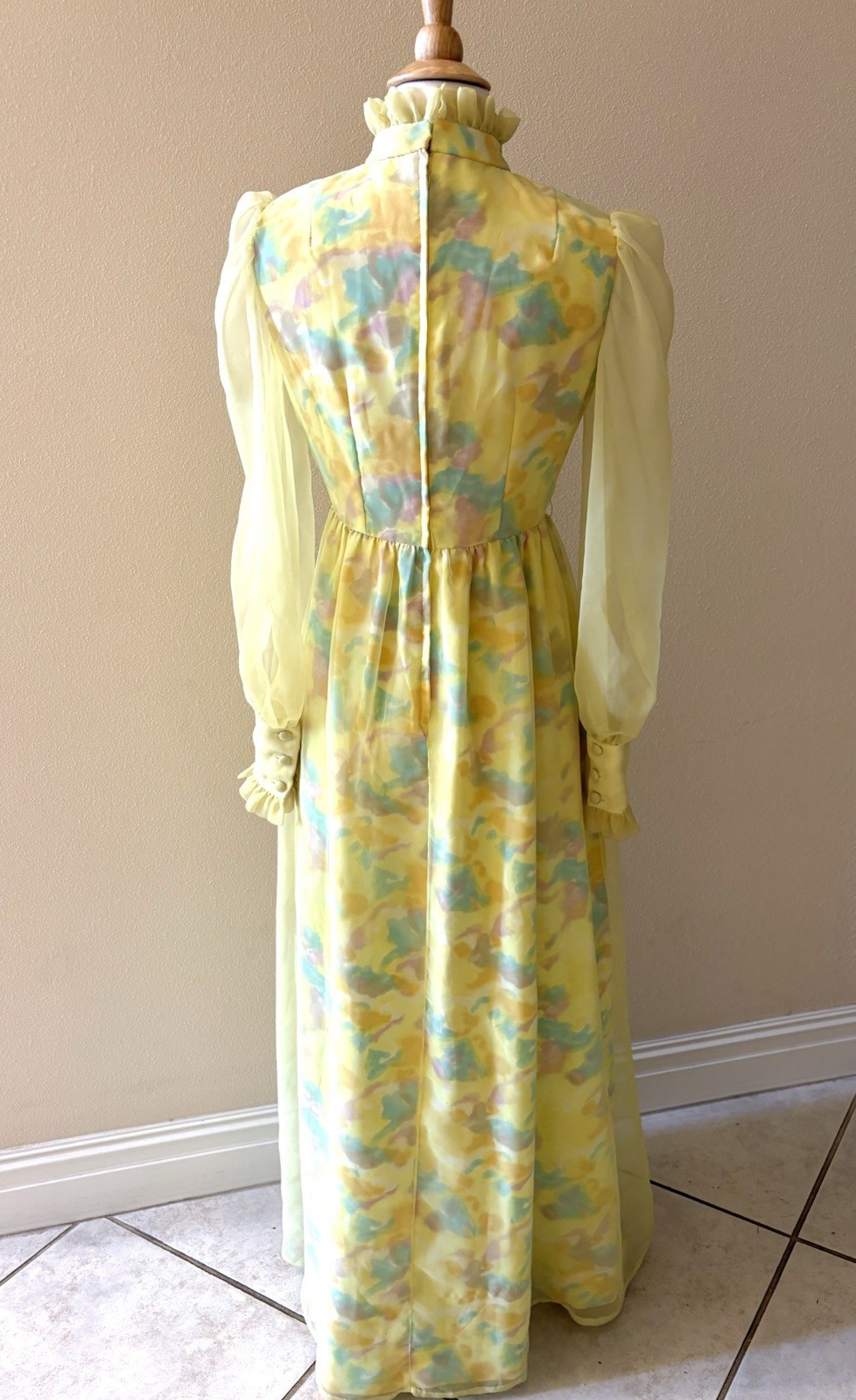 70s Vintage Organza Gown Maxi Dress Yellow Cottagecore Prairie High Collar Small