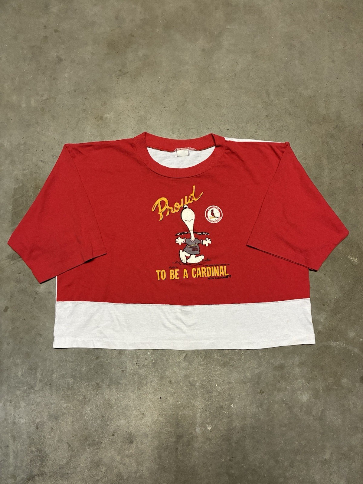 Vintage 1980s Peanuts Snoopy Cardinals Cropped Baseball T-Shirt Artex MLB
