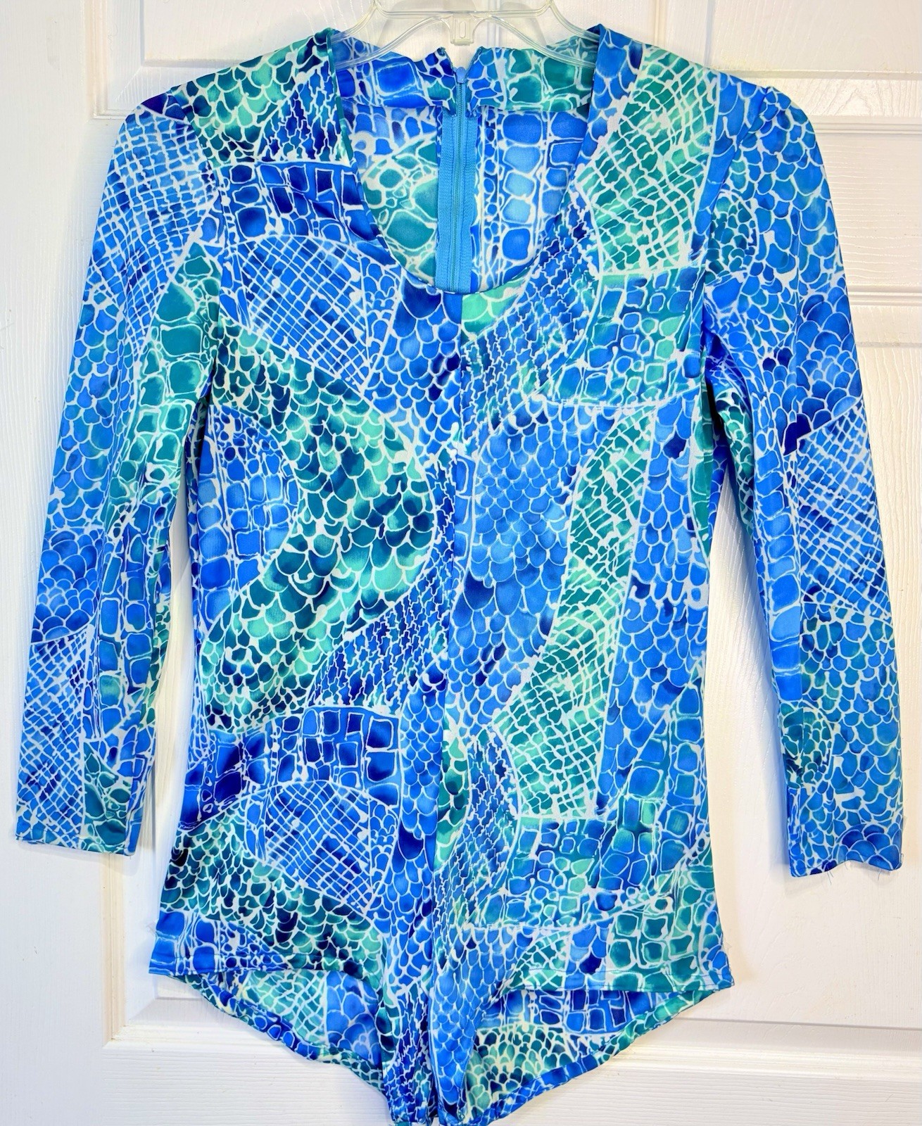 Vintage 70s Handmade blue green Mermaid Scales Nylon Swim Rash Guard LG