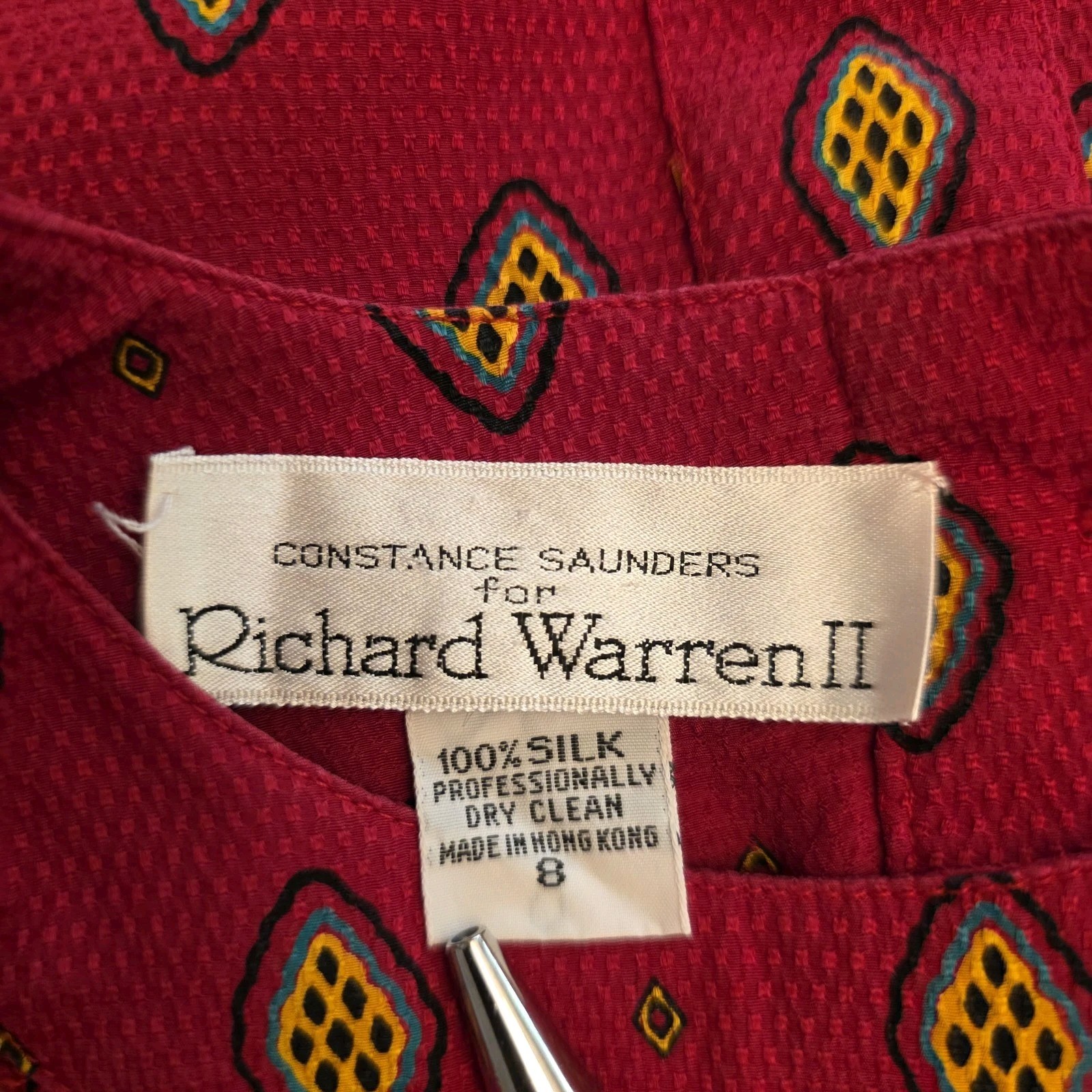 100% Silk Womens Size 8 Constance Saunders Richard Warren Blouse Geometric 80s