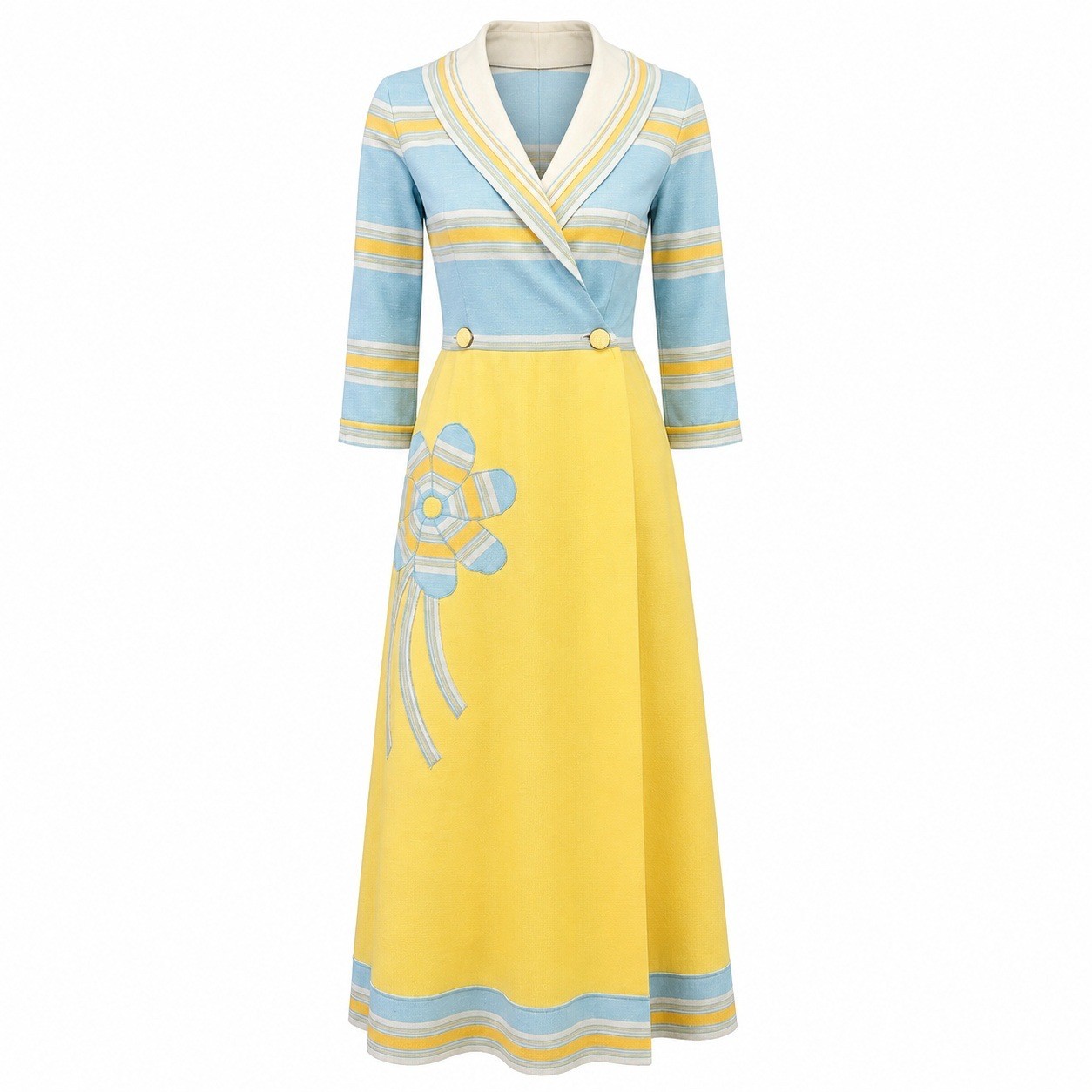 Vintage 60s 70s Maxi Dress Yellow Blue Striped Floral Applique Shawl Collar Mod