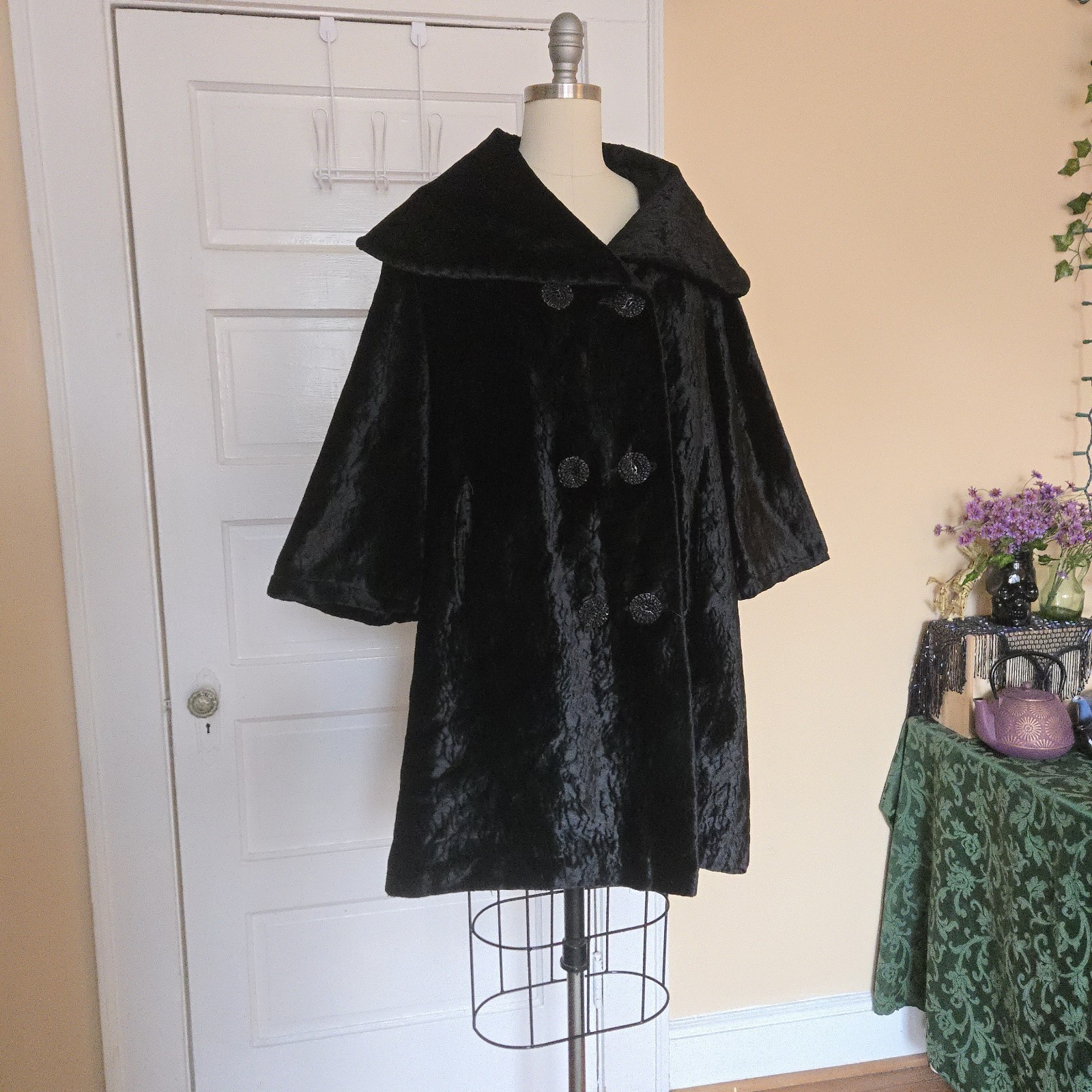 1960s Vintage Swing / Opera Coat Black Faux Fur ILGWU Union Made Double Breasted