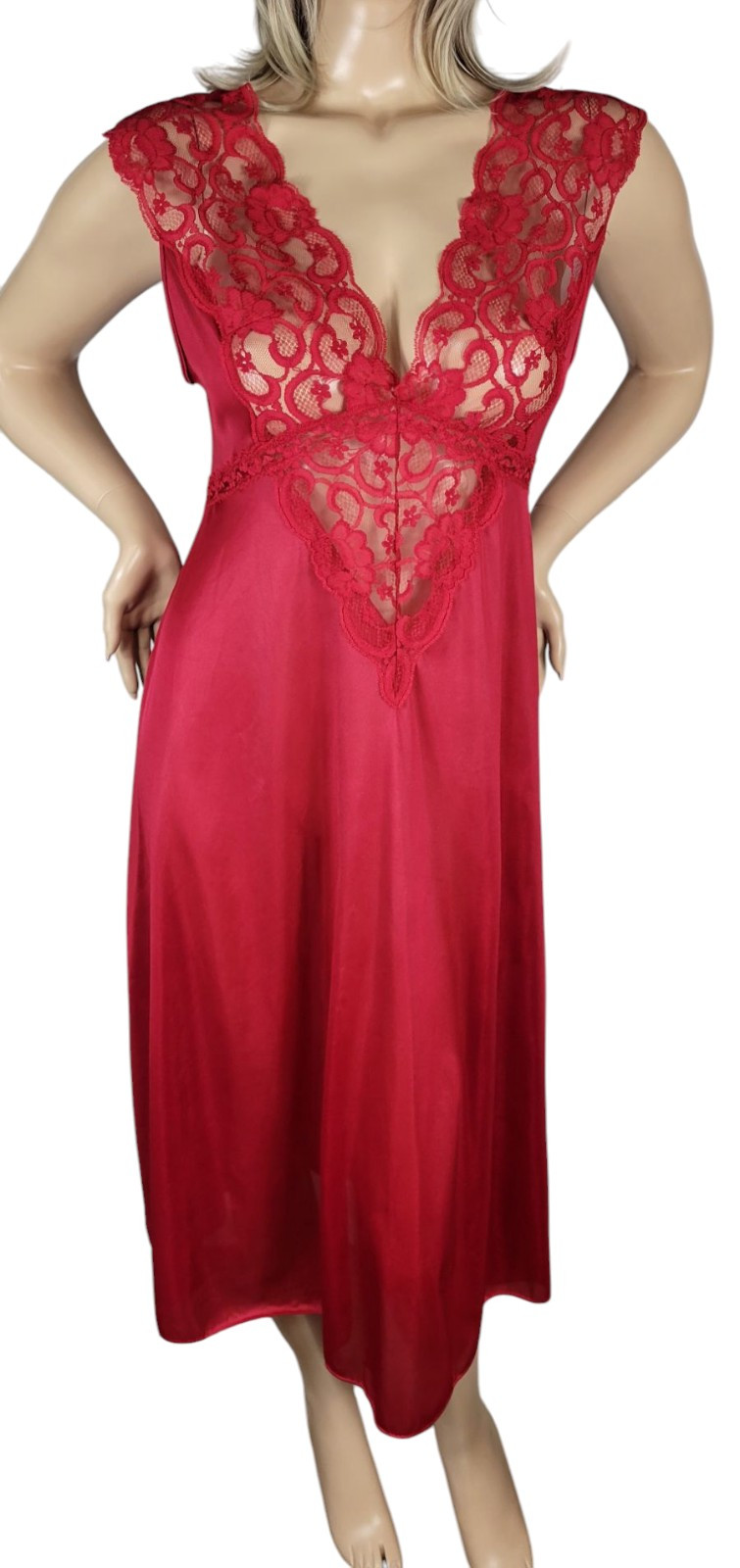 Vintage Soft Moments New York Red Nylon Satin & Semi Sheer Lace Slip Nightgown L