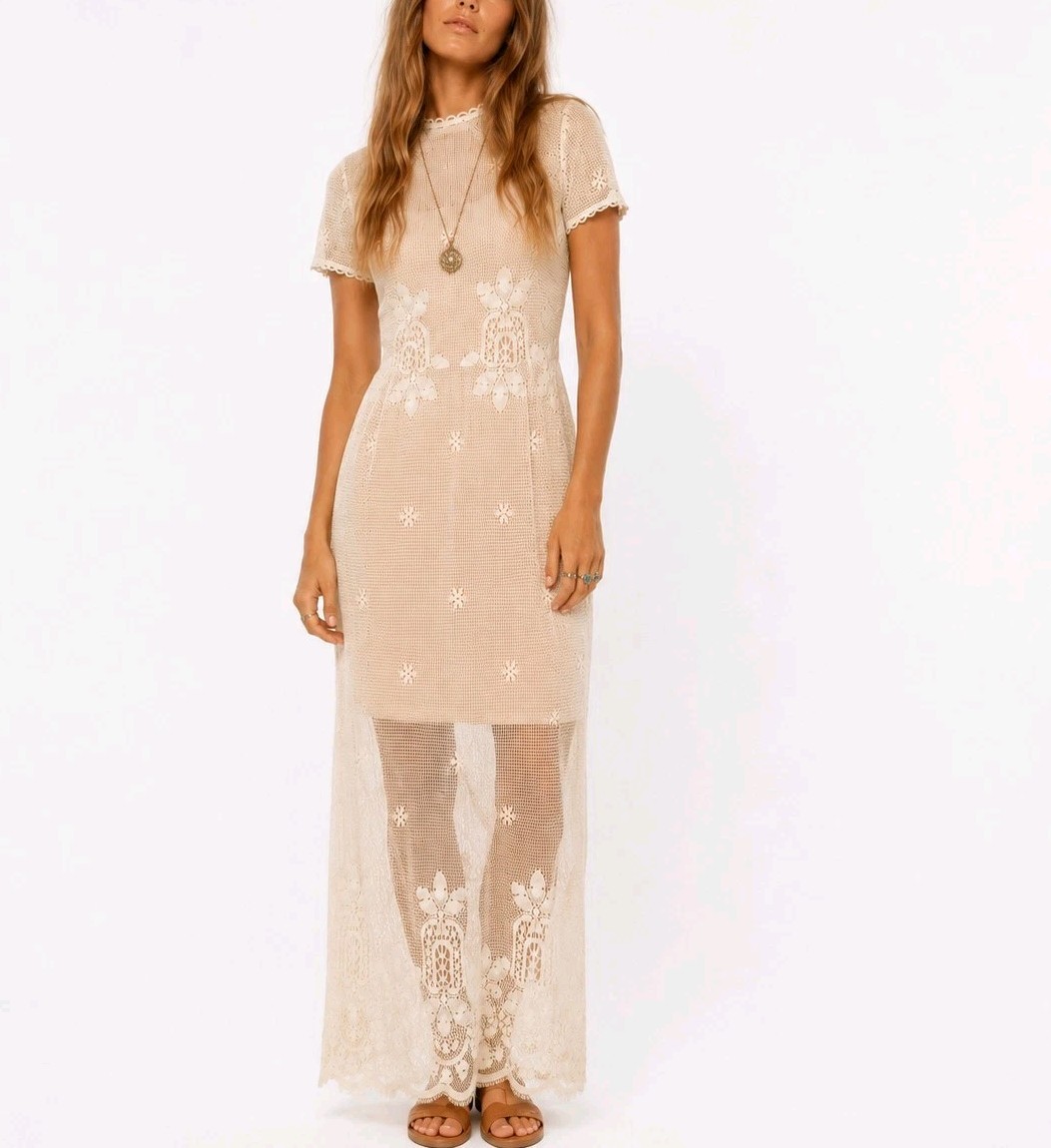 1960s 1970s Vintage Bridal Aldens Fashions Hippie Boho Maxi Dress Crochet Lace