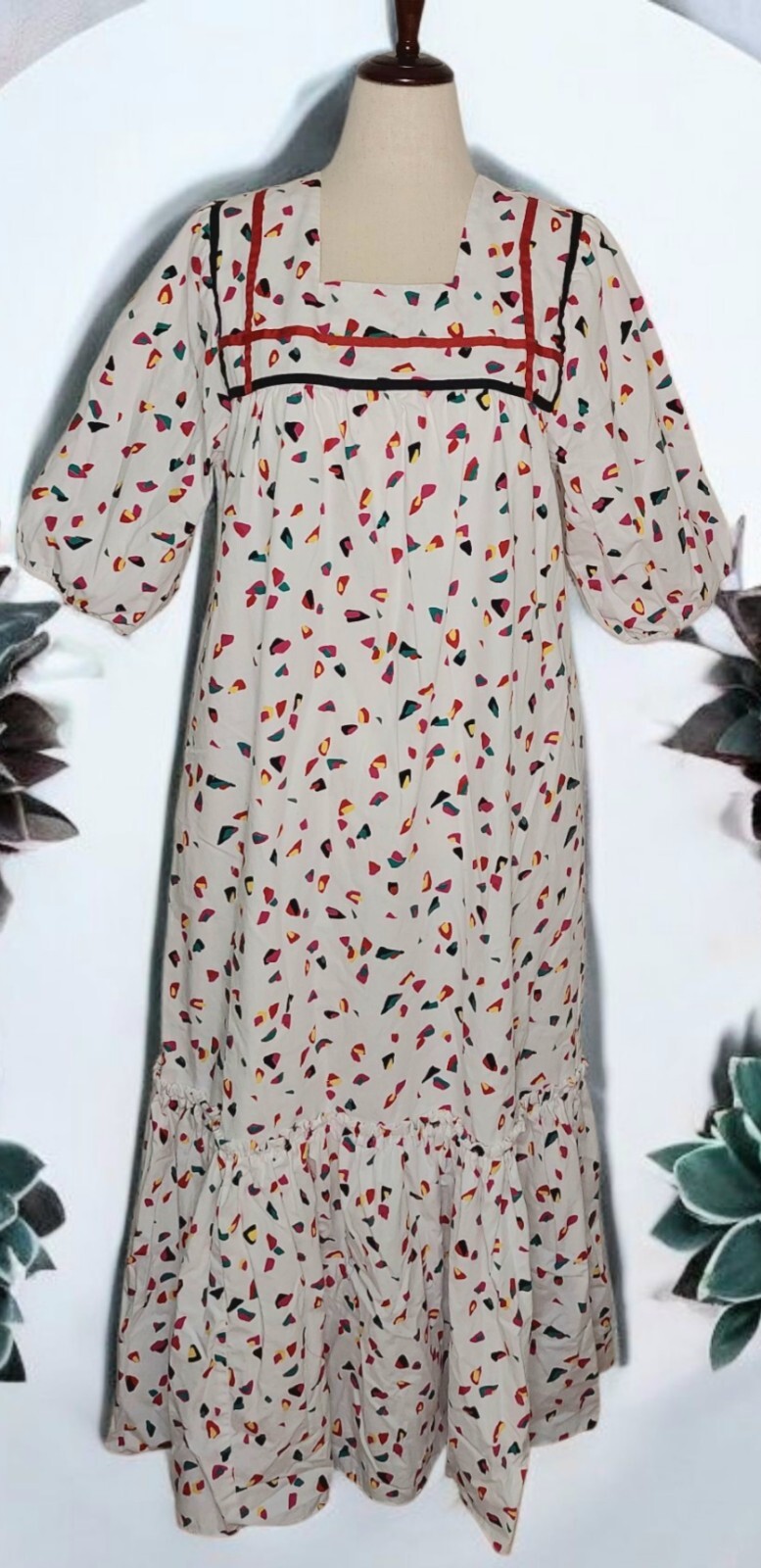 VTG 70s Abstract Hawaiian Muumuu Ruffle Red Blue Multi Ribbon Gathered Sleeves