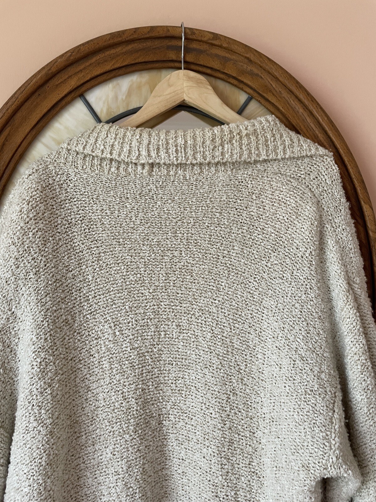90s Vintage Acrylic Knit Light Beige Pockets Open Front Sweater Jacket L/XL