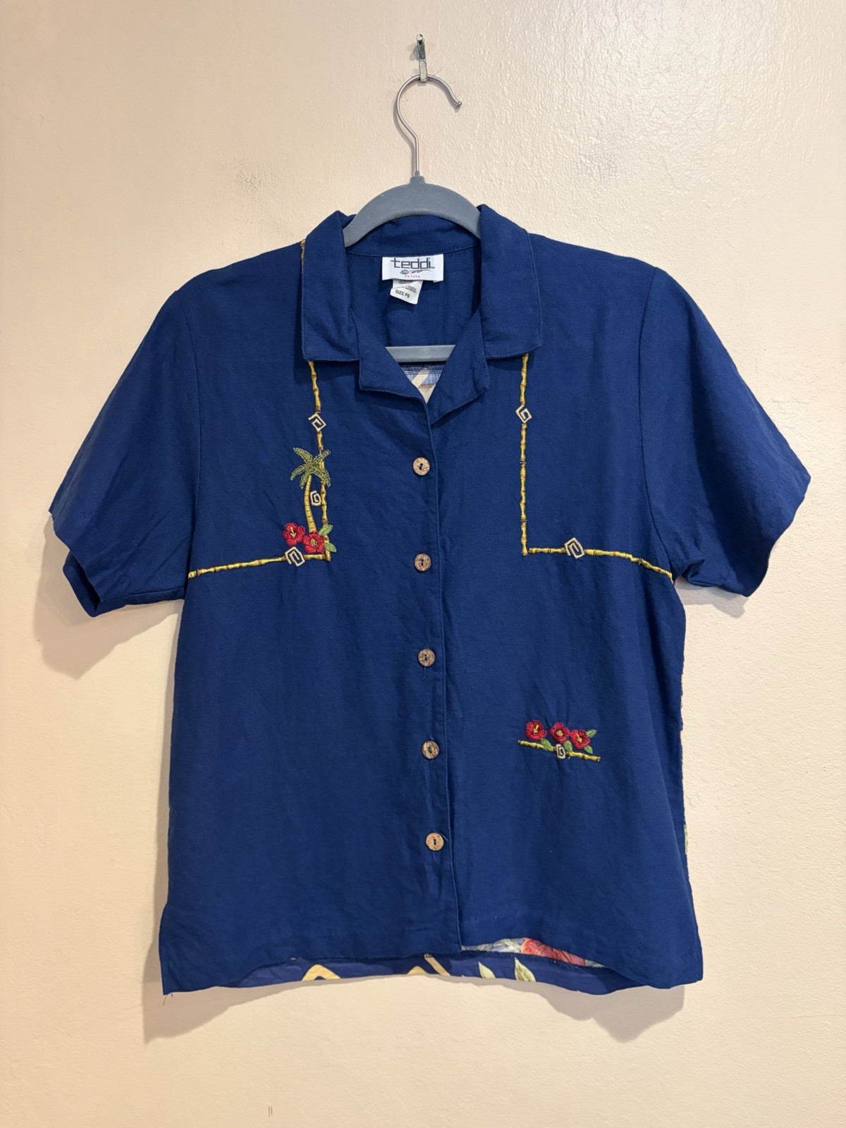 Vintage Teddi CA Palm Tree Hawaiian Button Up Shirt, Petite Small