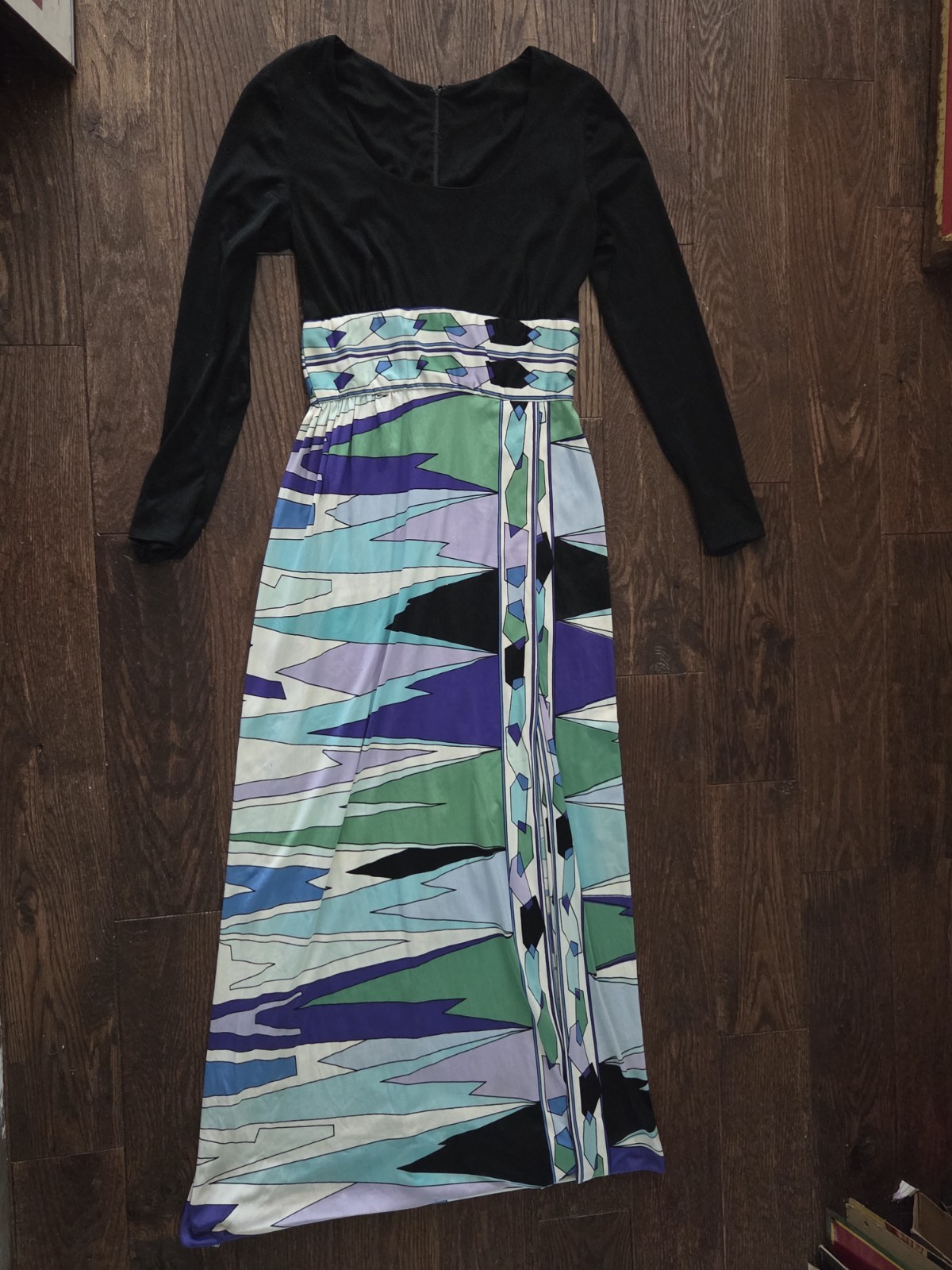 Vintage 70s Mod Maxi Dress Empire Waist Geometric Print Black Long Sleeve Boho