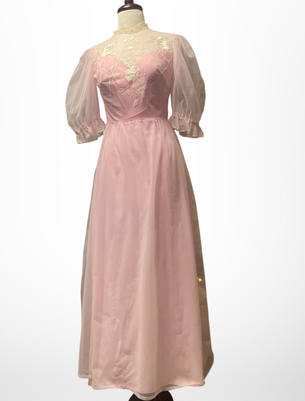 Vtg 70s Pink Chiffon and Lace Poof Sleeve Maxi Dress Sheer High Neck Waist 26-27