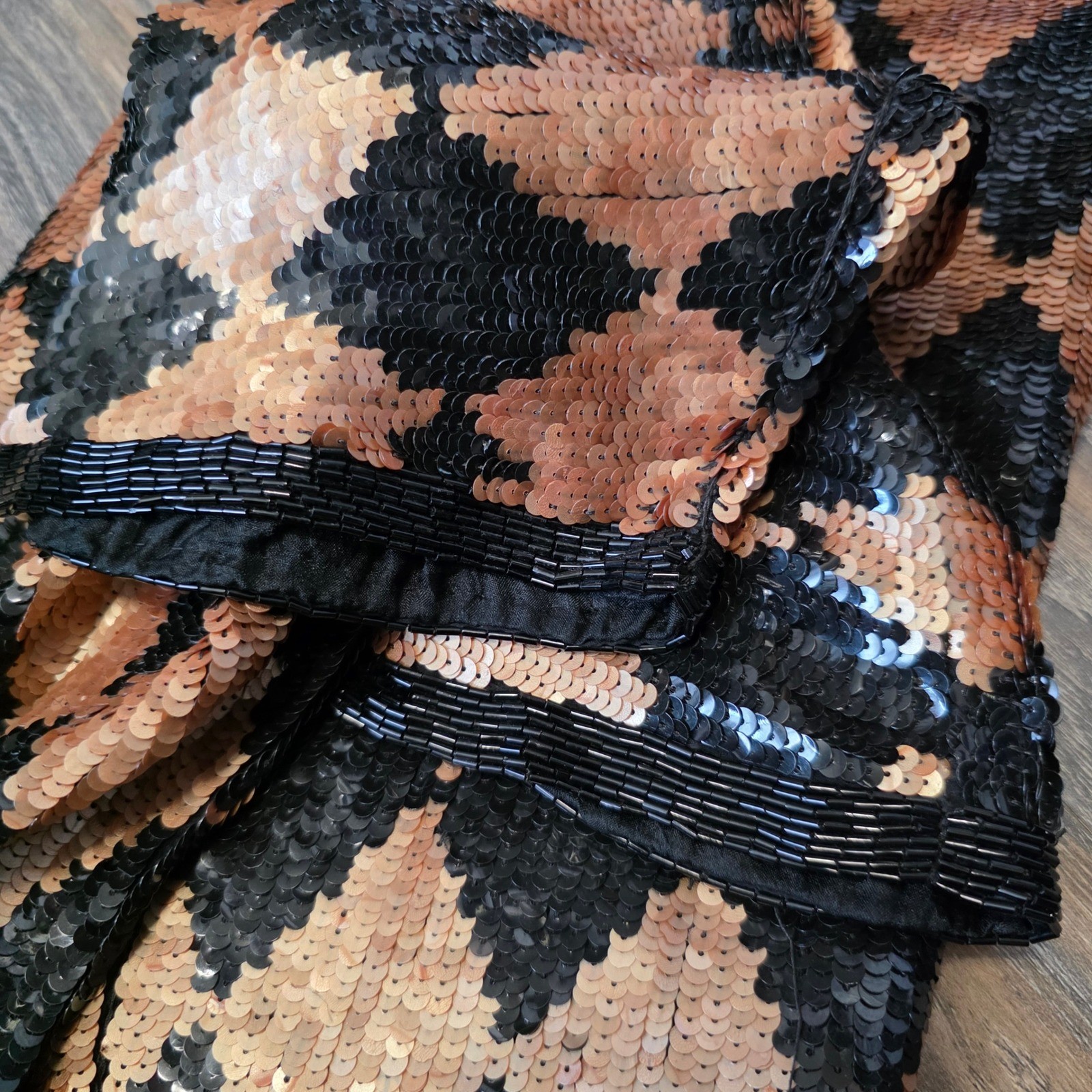 Lauren Alexandra Vintage Silk Sequin Harlequin Top Black Copper Diamond Blouse