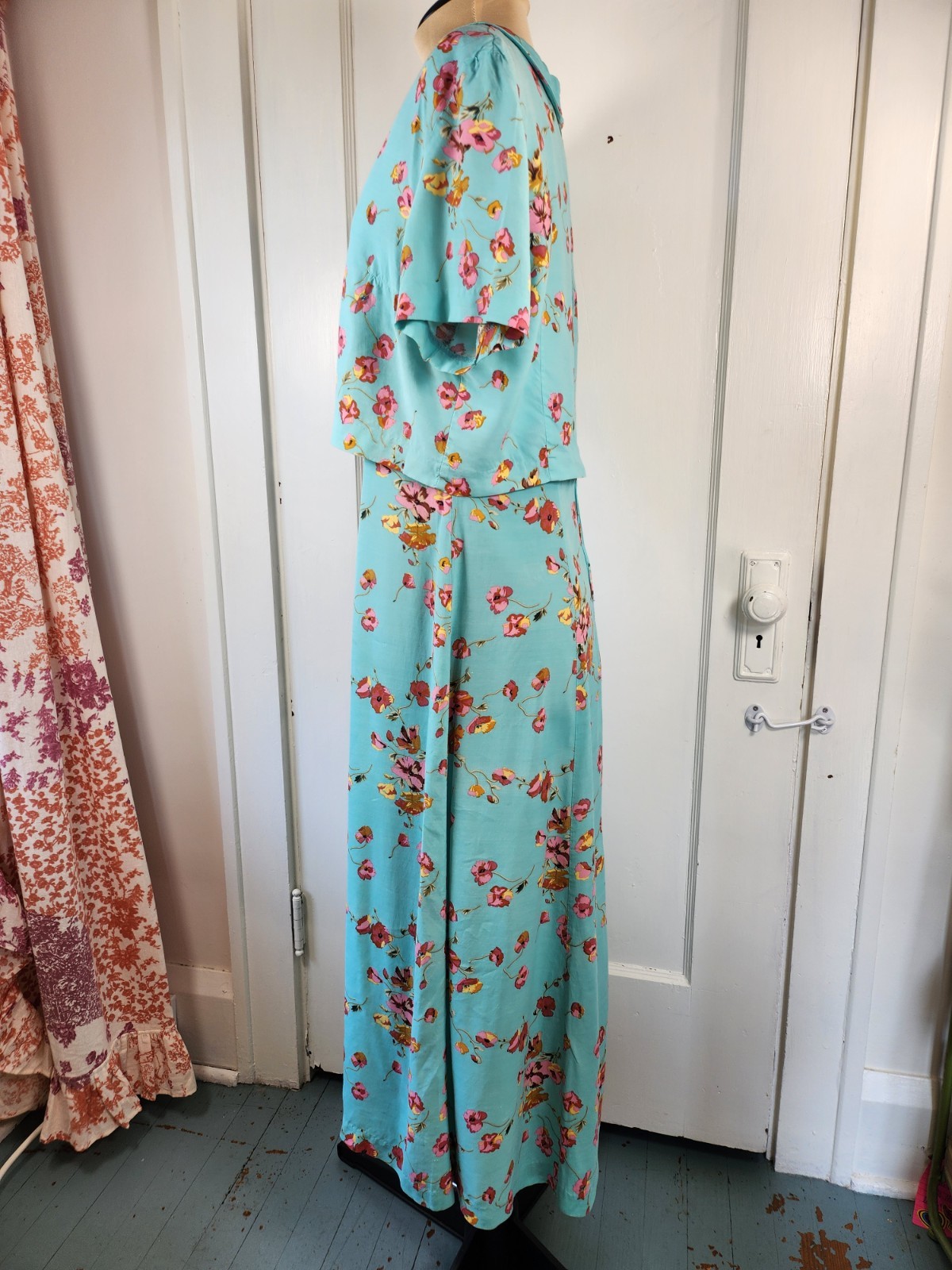 Vtg 90s Cherry Blossom Aqua Jacket Maxi Dress Karin Stevens Sz 10/Medium