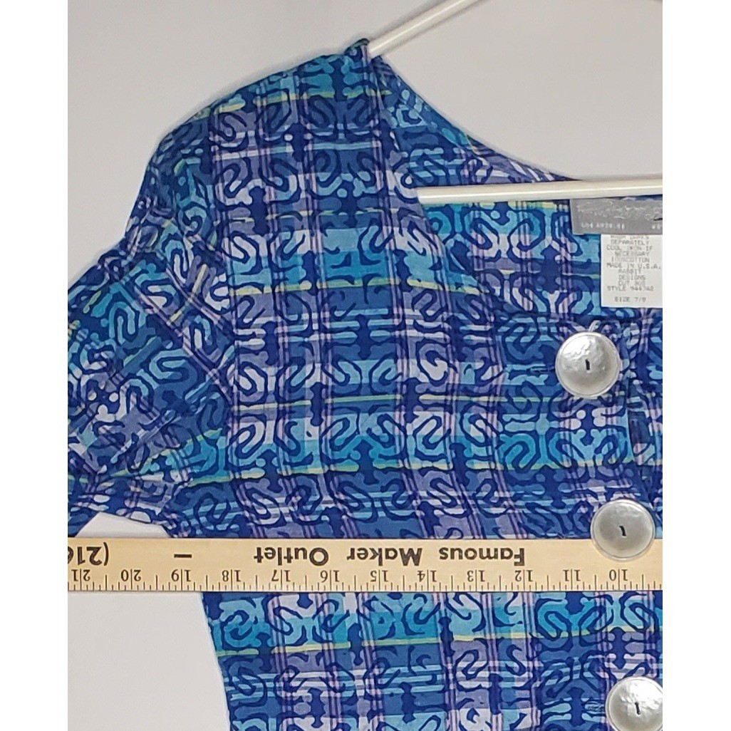 Vintage Rabbit Jr 7/8 Romper Blue Button Abstract Geometric Cotton Short Sleeve