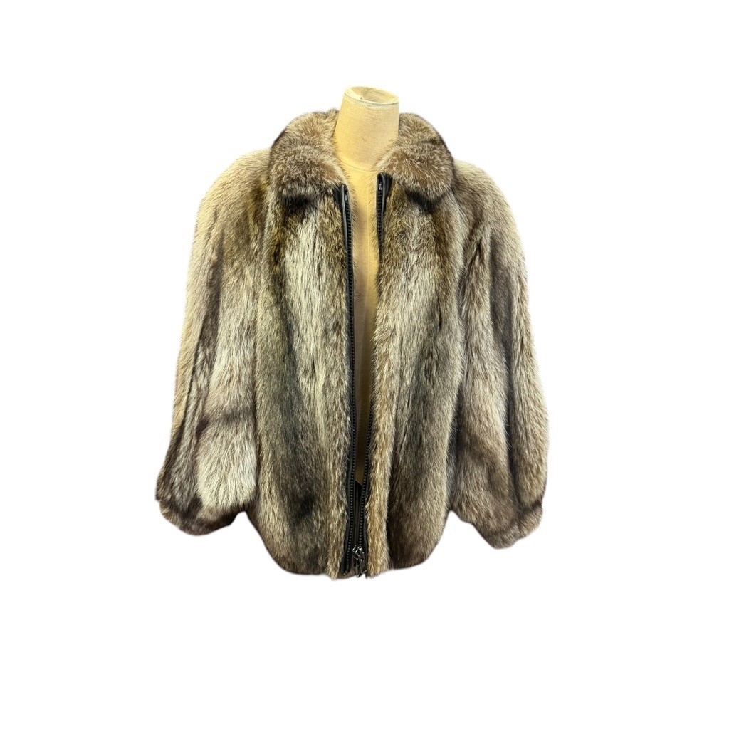 „Dittrich Furs” Real Fur Coat Cropped Batwing Zip Up Brown Grey Silver Fox NO SZ