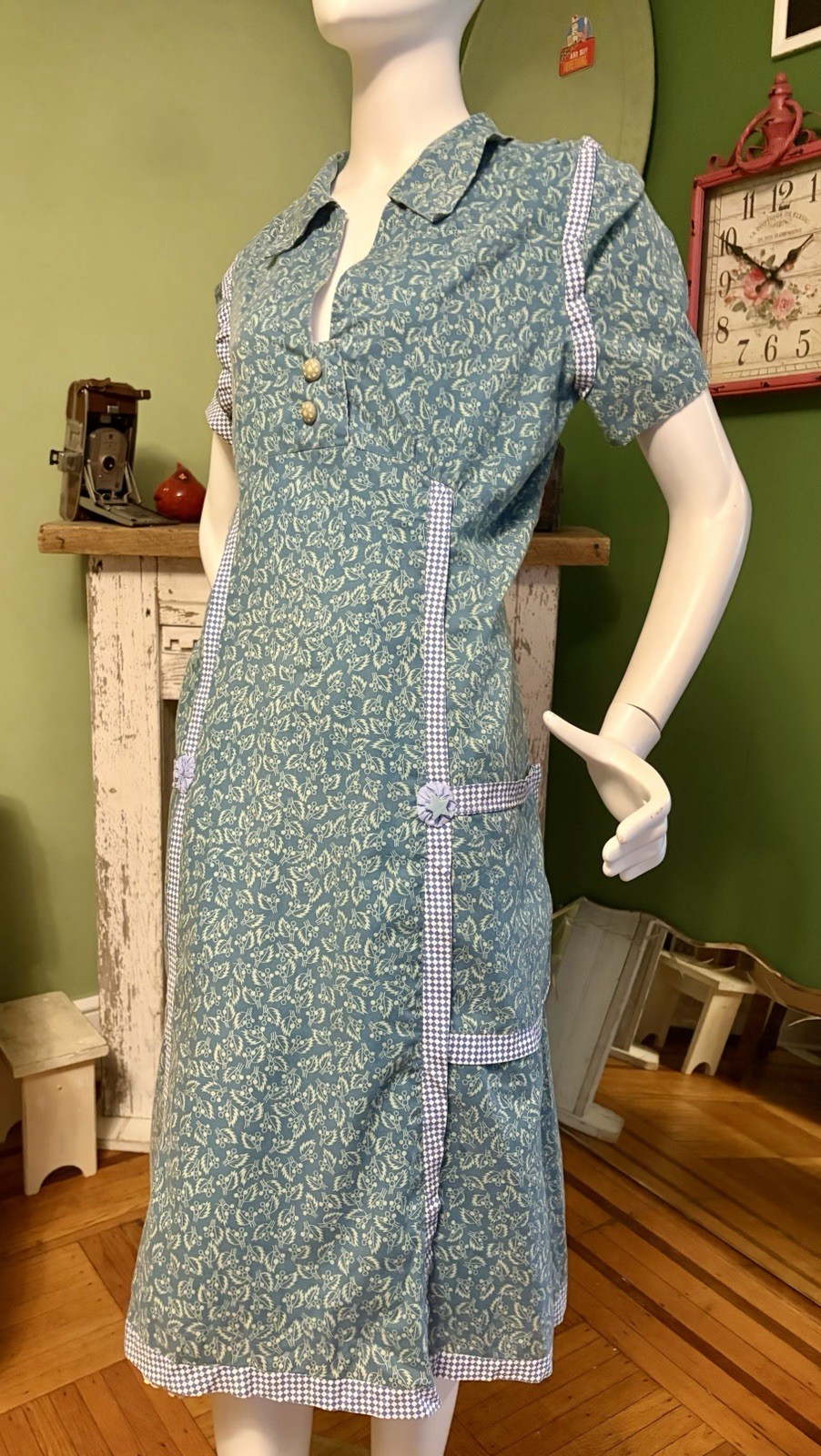 Vtg 1940s 1950s Cotton House Day Dress Check & Floral Print L XL Rockabilly